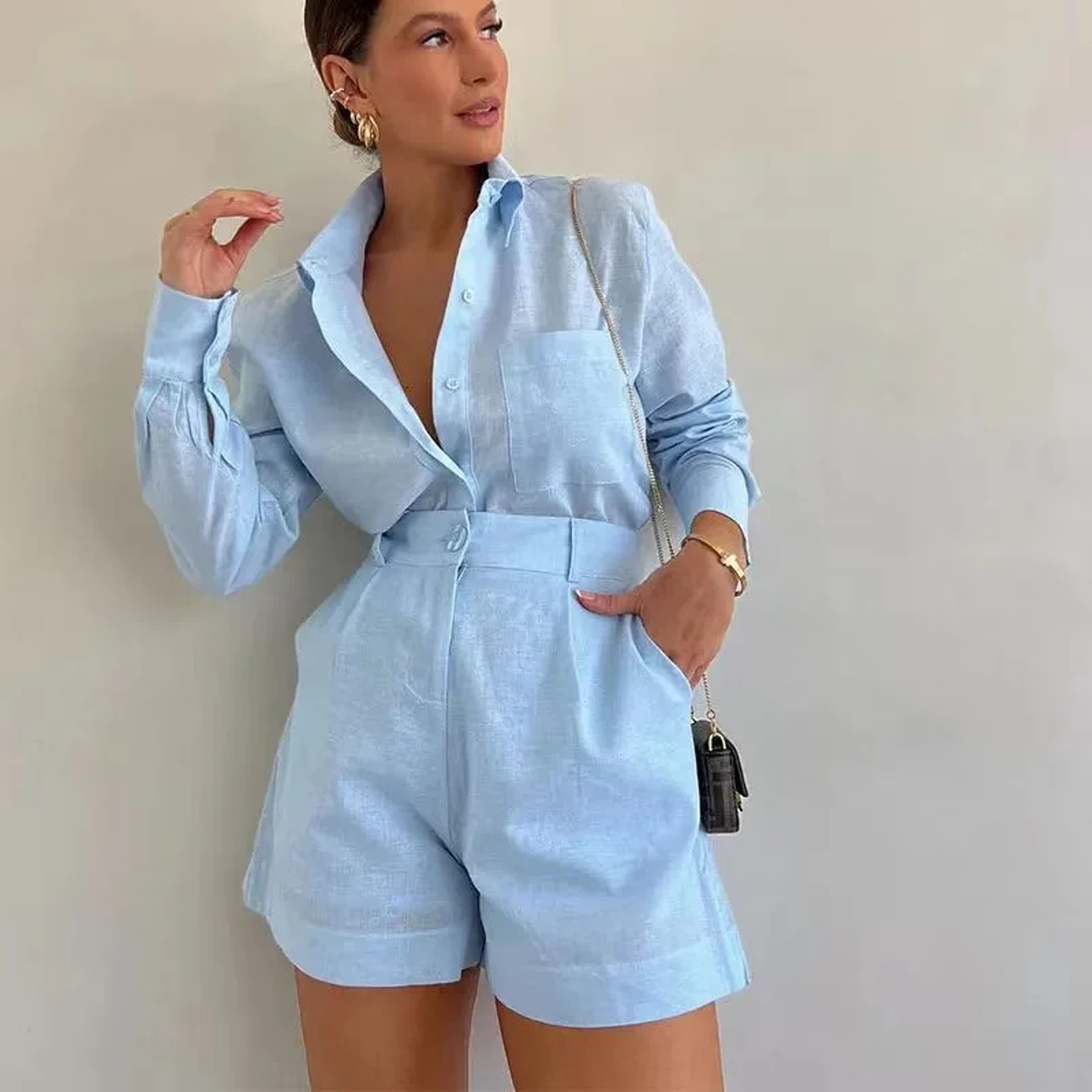 Breezy Button Up Womens Set With Long Sleeve Shirt  Shorts 3