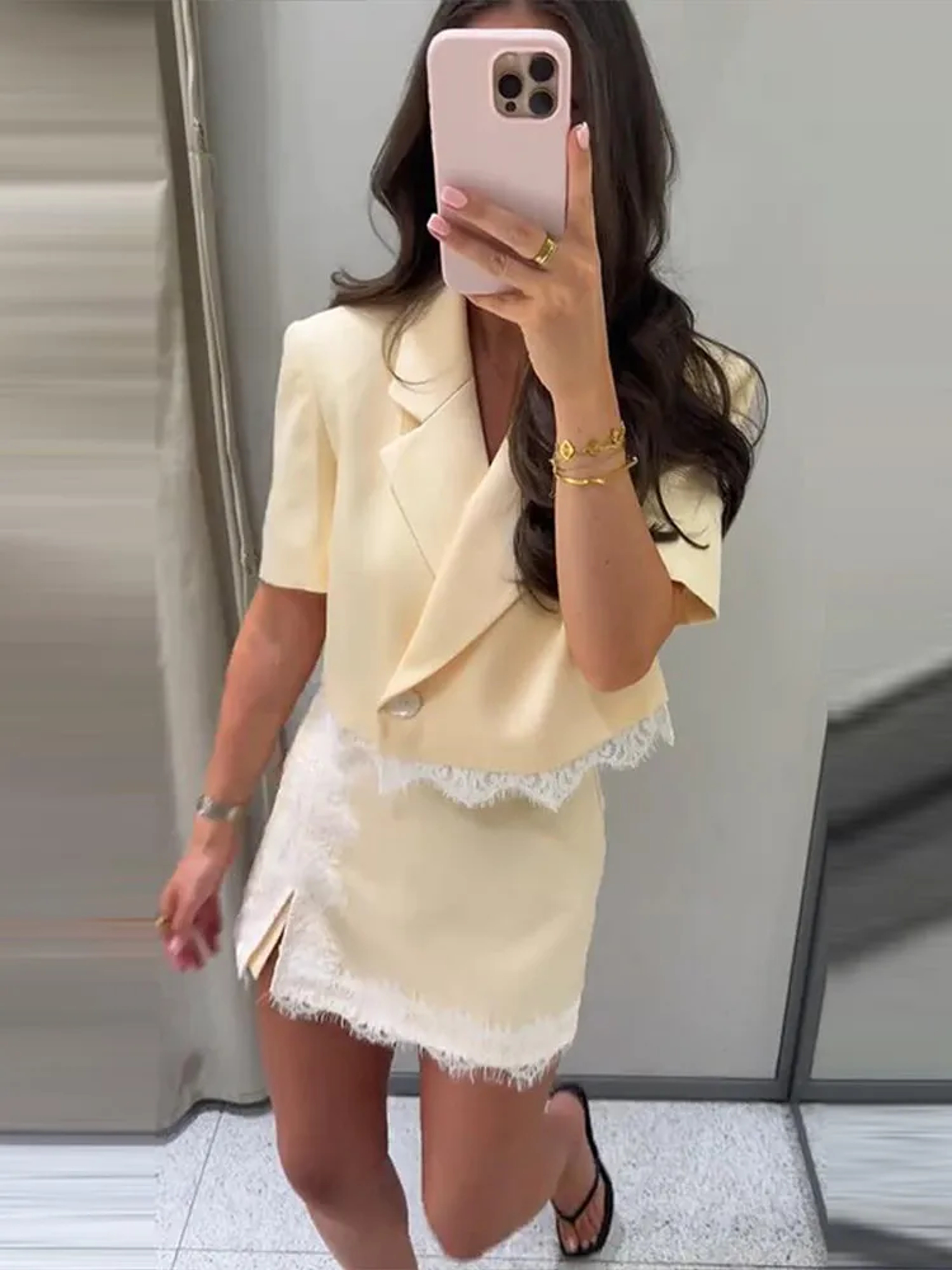 Lace Patchwork Blazer  Shorts Set For Women Chic Summer Set Outfit 2