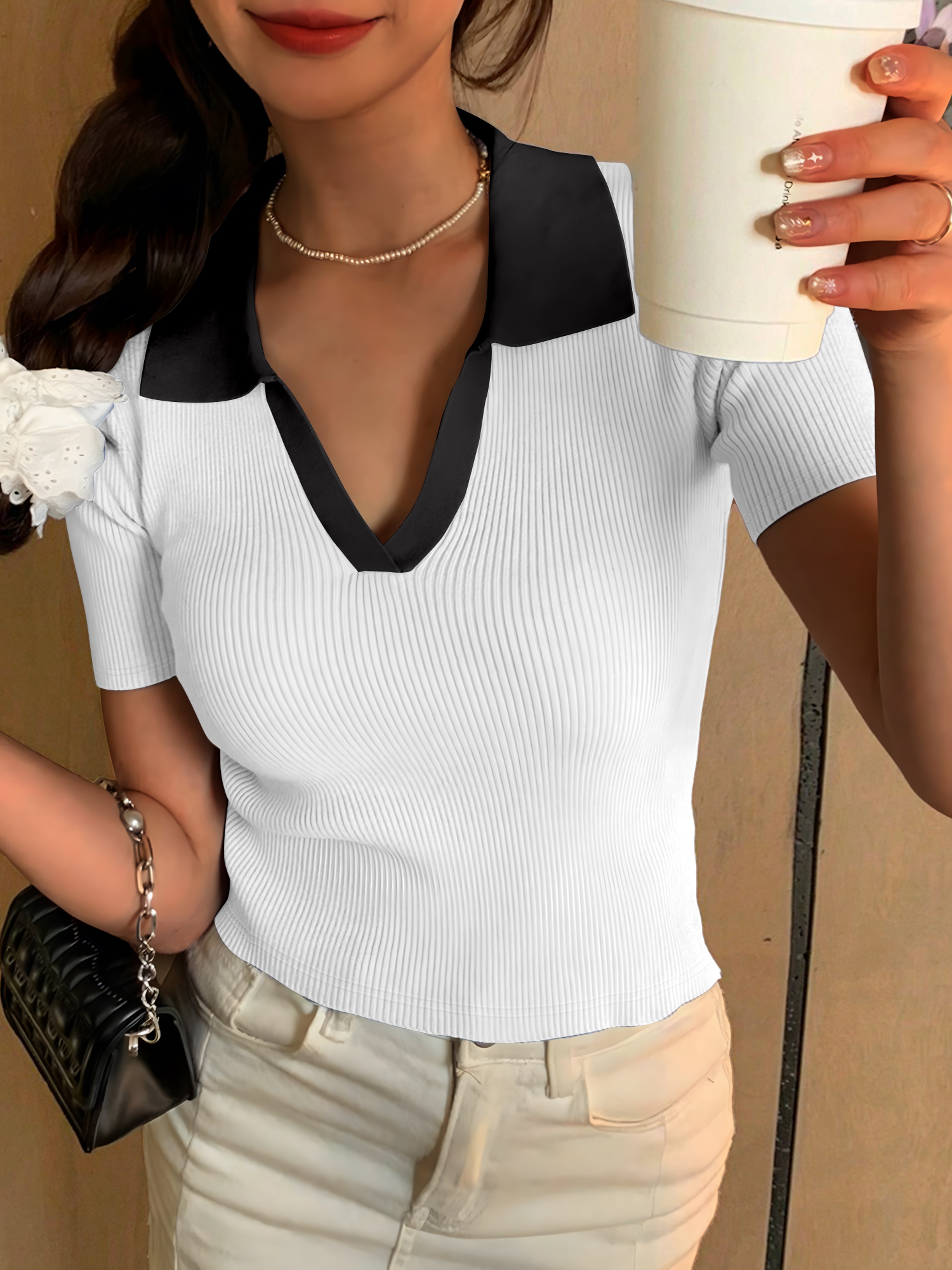 Colorblock Ribbed V Neck Polo Top For Women Casual Summer Shirt 1
