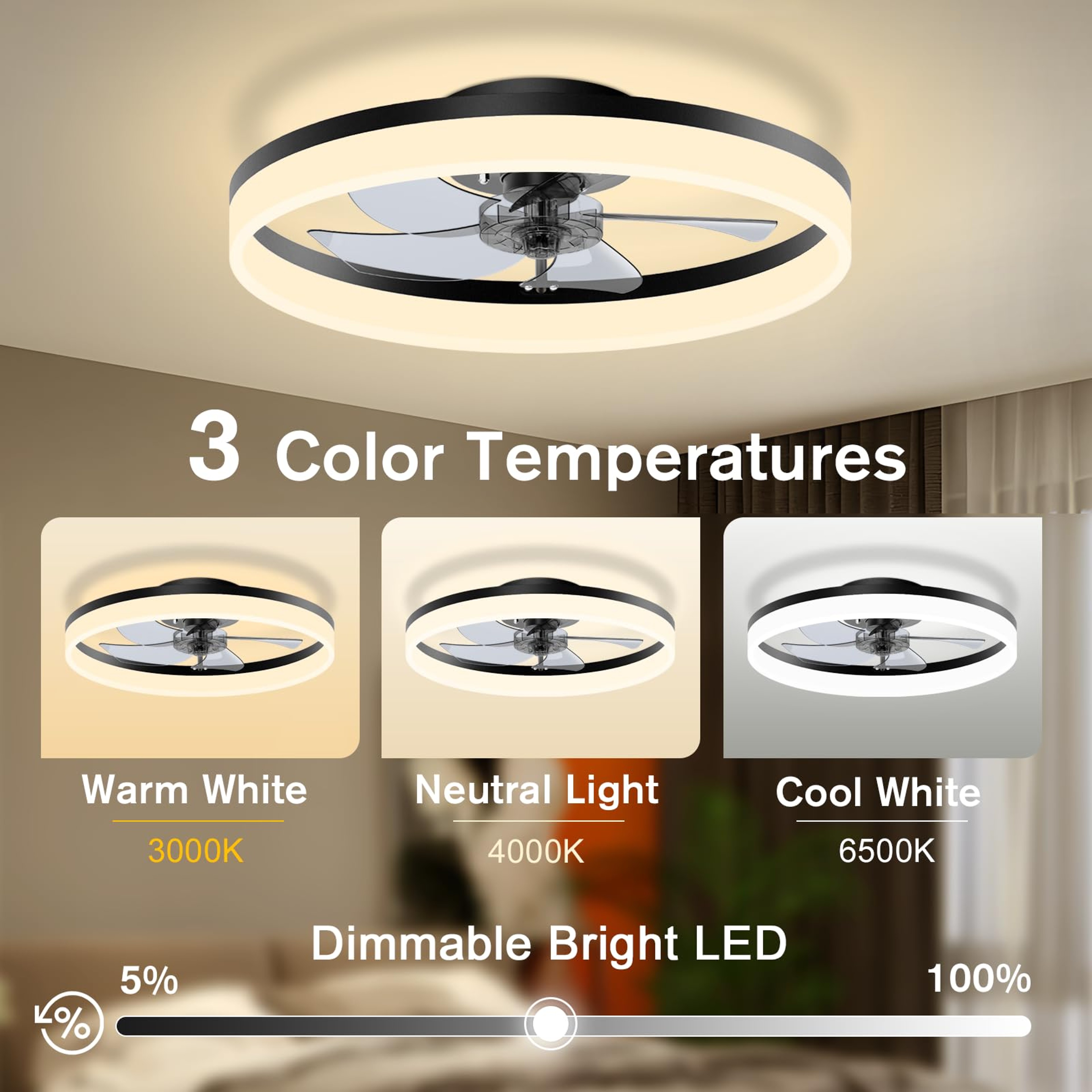 LED Ceiling Fan Light with Remote Control, Infinite Dimming & Speed Airflow – view 3