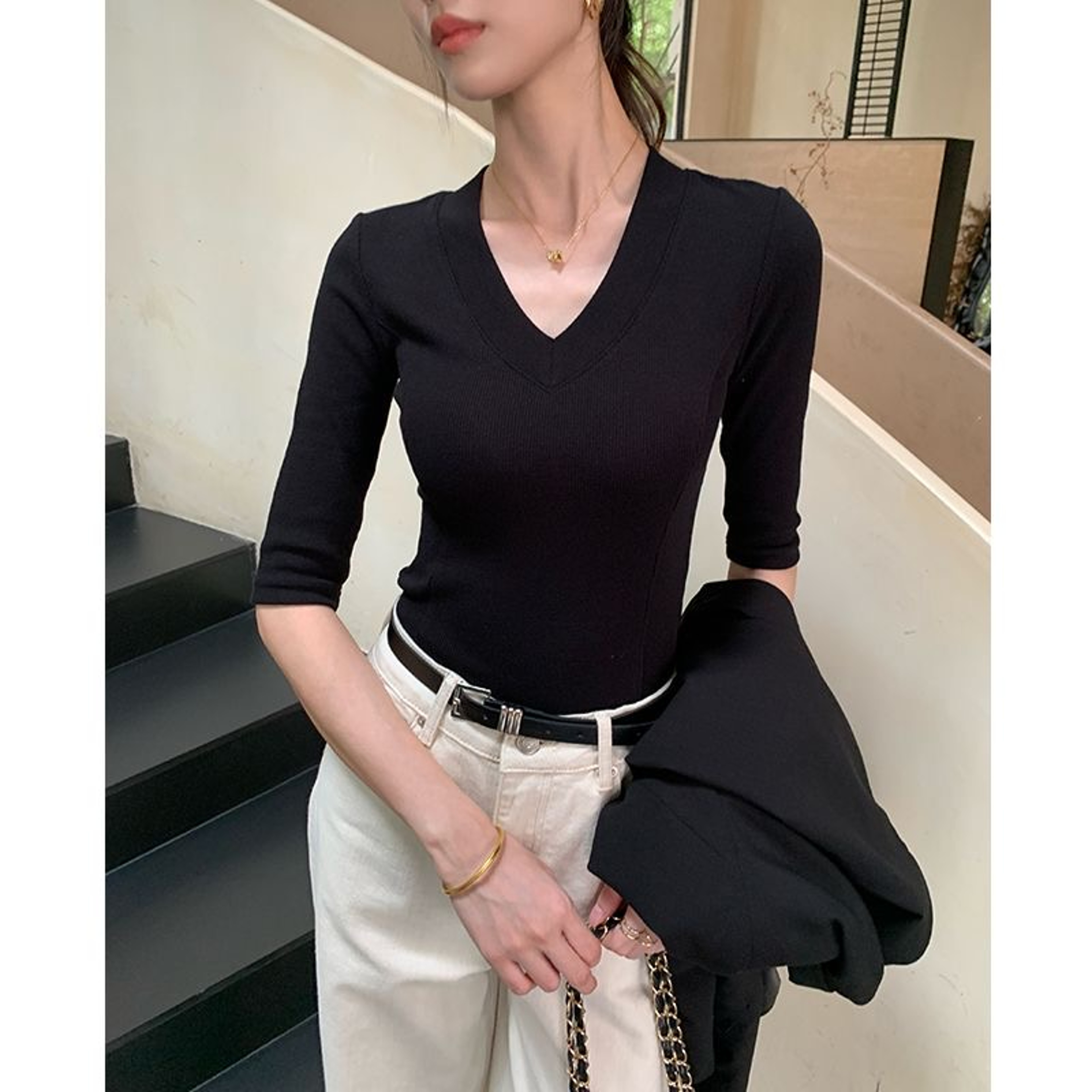 Neck Crop Tee For Women Slim Fit Drop Shoulder Summer Casual Top 2