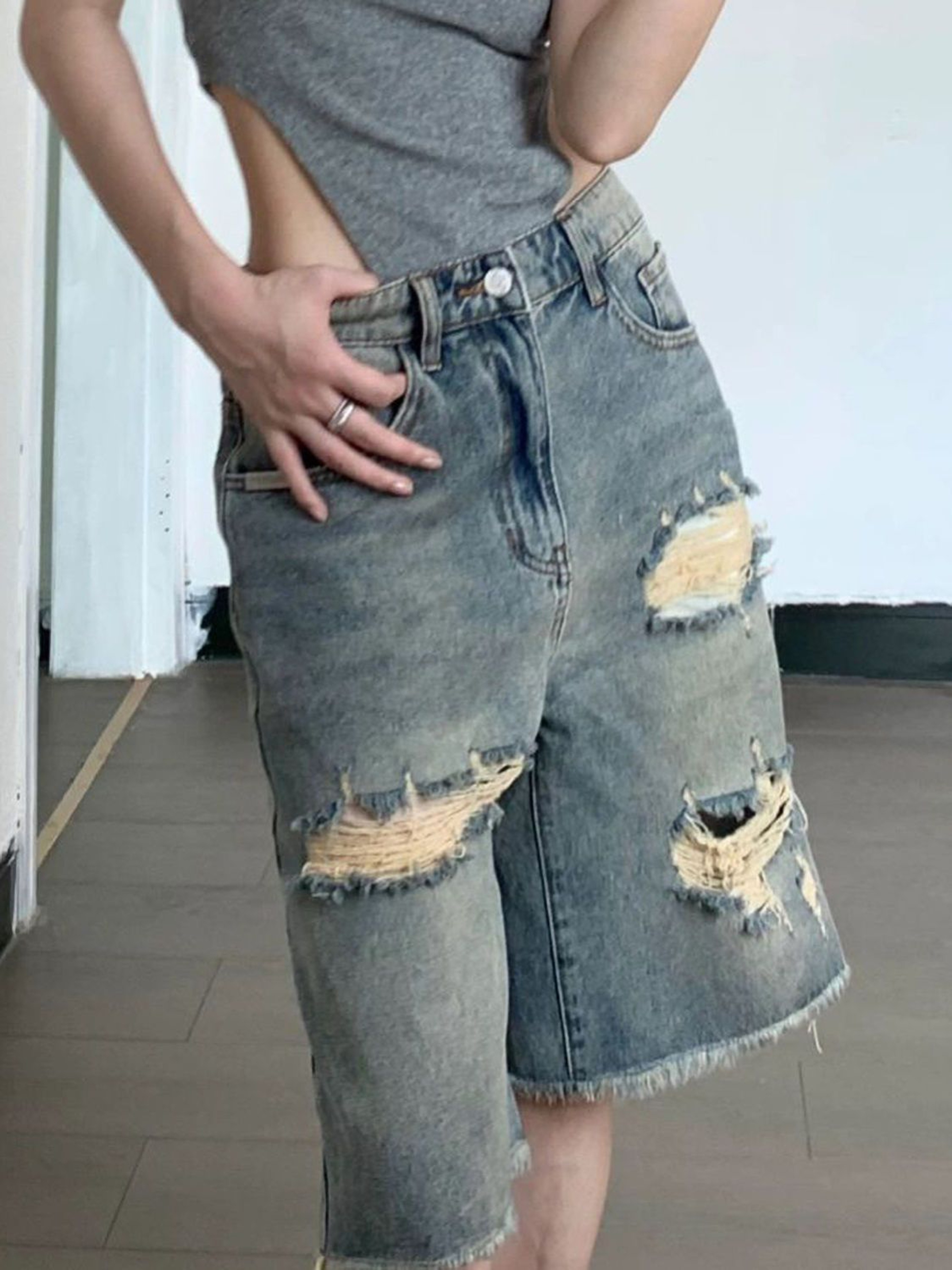 Retro Rebel Distressed Jorts Denim Shorts For Streetwear Style 2