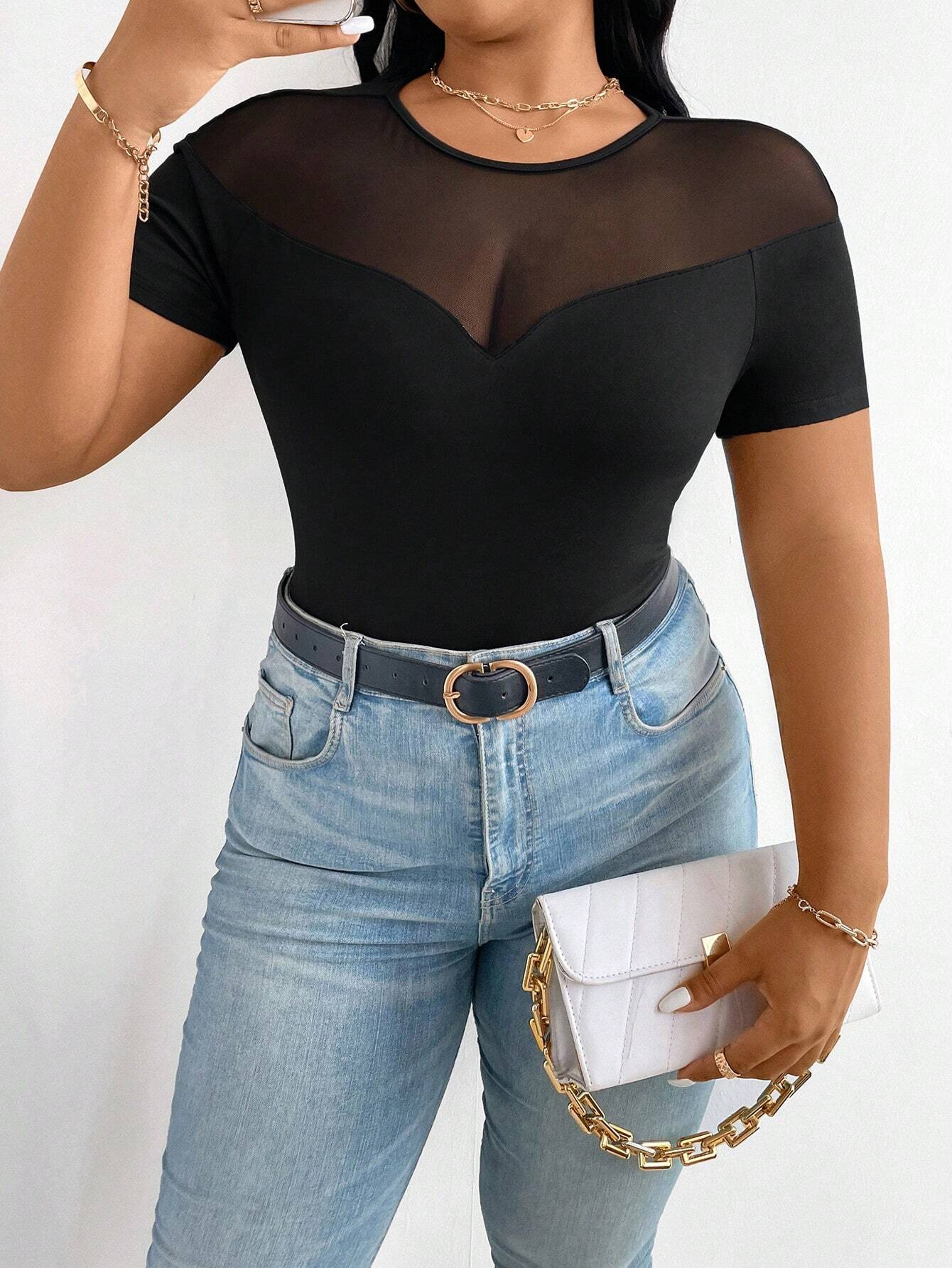 Mesh Sheer Fitted Top For Women Short Sleeve Round Neck Fashion Tee 4
