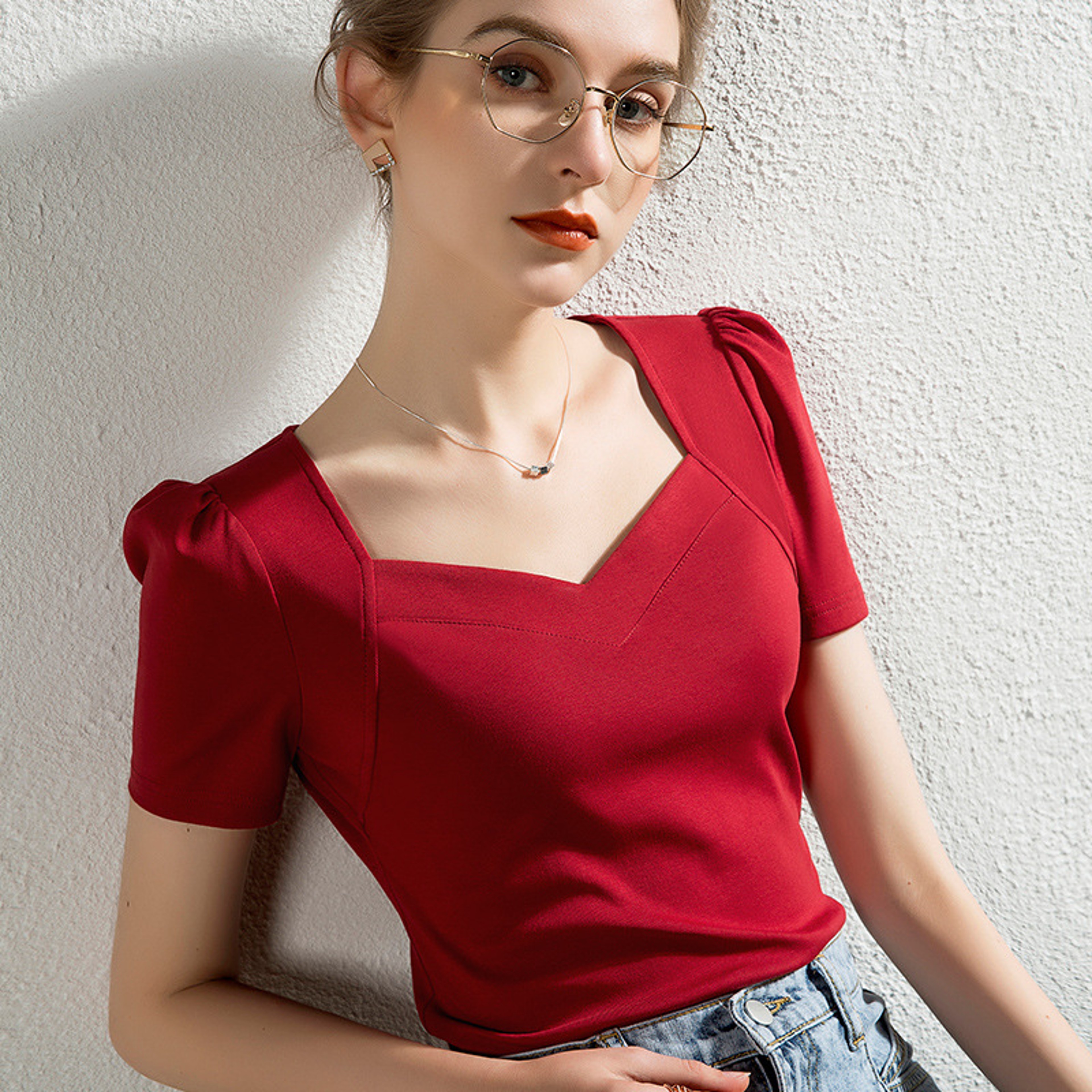Elegant Cotton V Neck Bubble Sleeve Womens Summer T Shirt 4