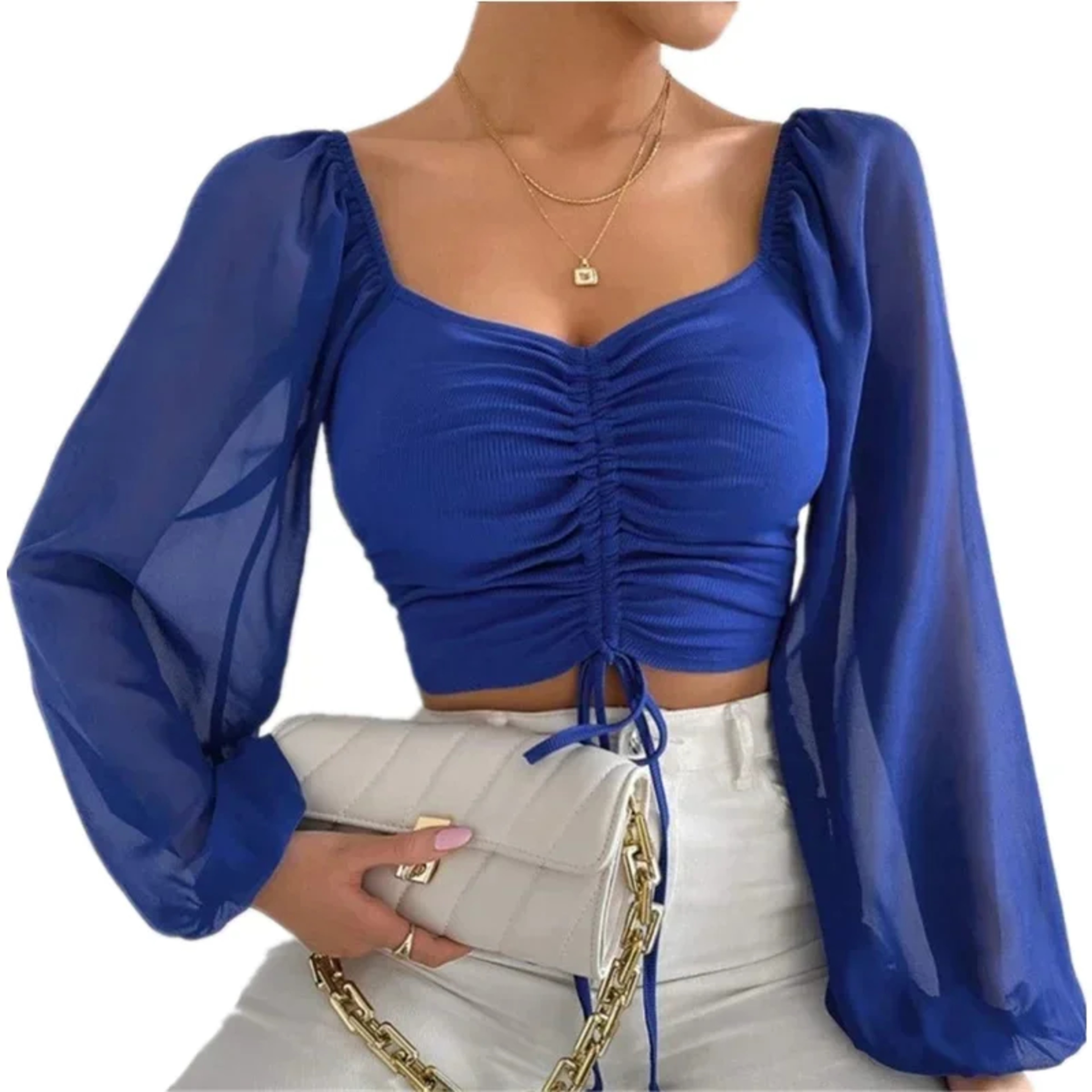 Ruched V Neck Long Sleeve Crop Top For Women Adjustable Drawstring Summer Tee 5