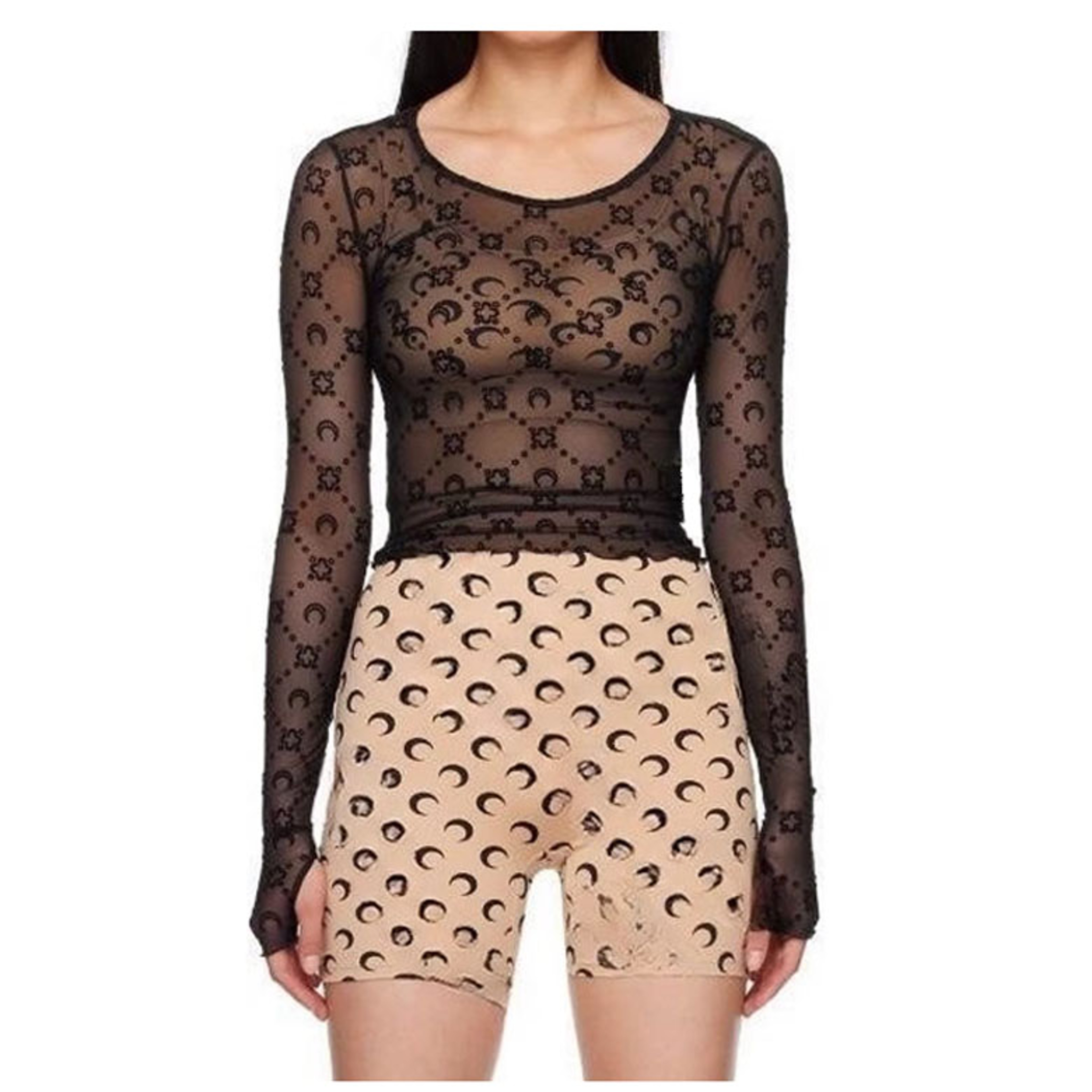 Moon Muse Korean Mesh Long Sleeve Top Hollow Out Moon Print Fitted Streetwear Shirt 4