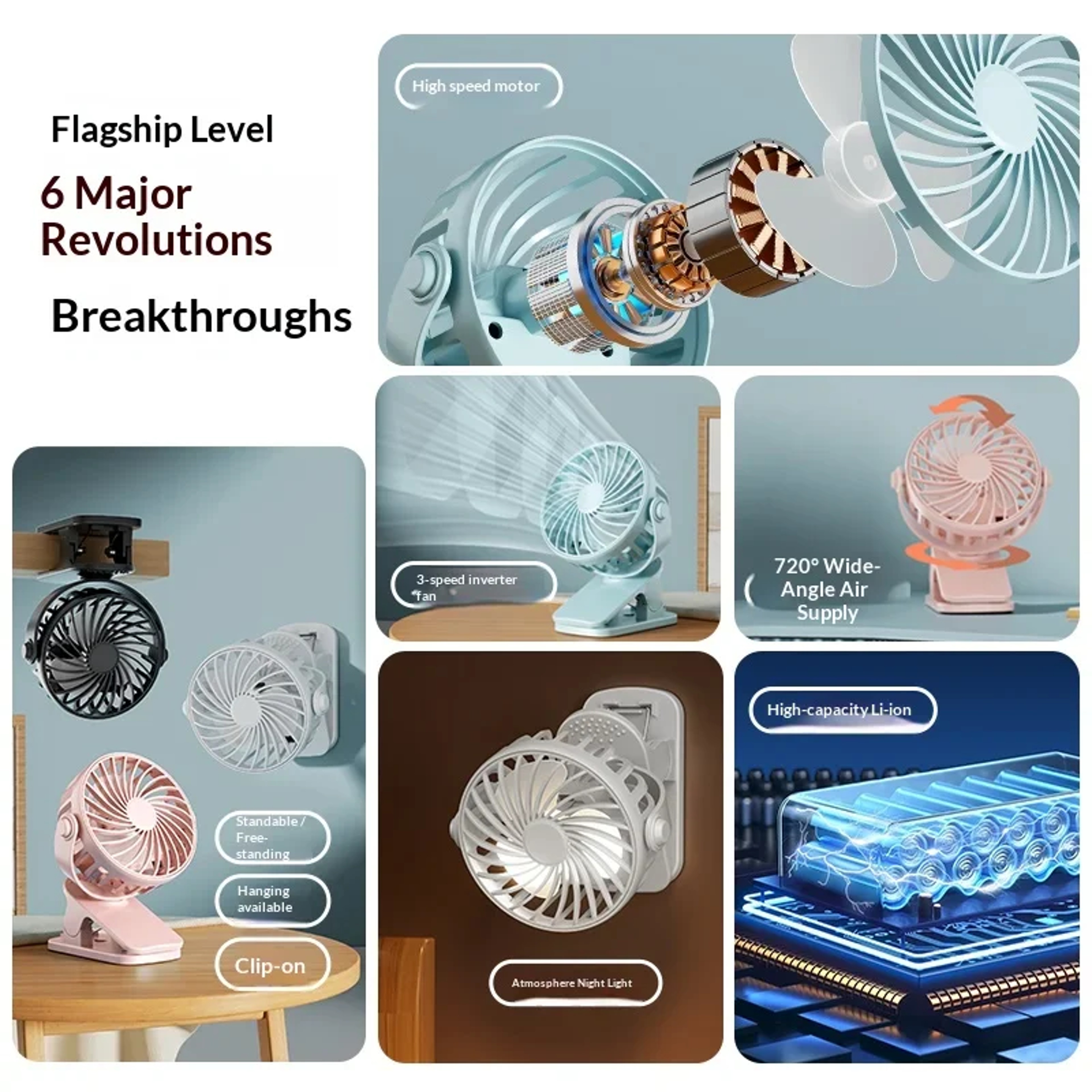 Rotating Rechargeable Clip Fan with Night Light for Camping, Travel & Desk Cooling – view 4