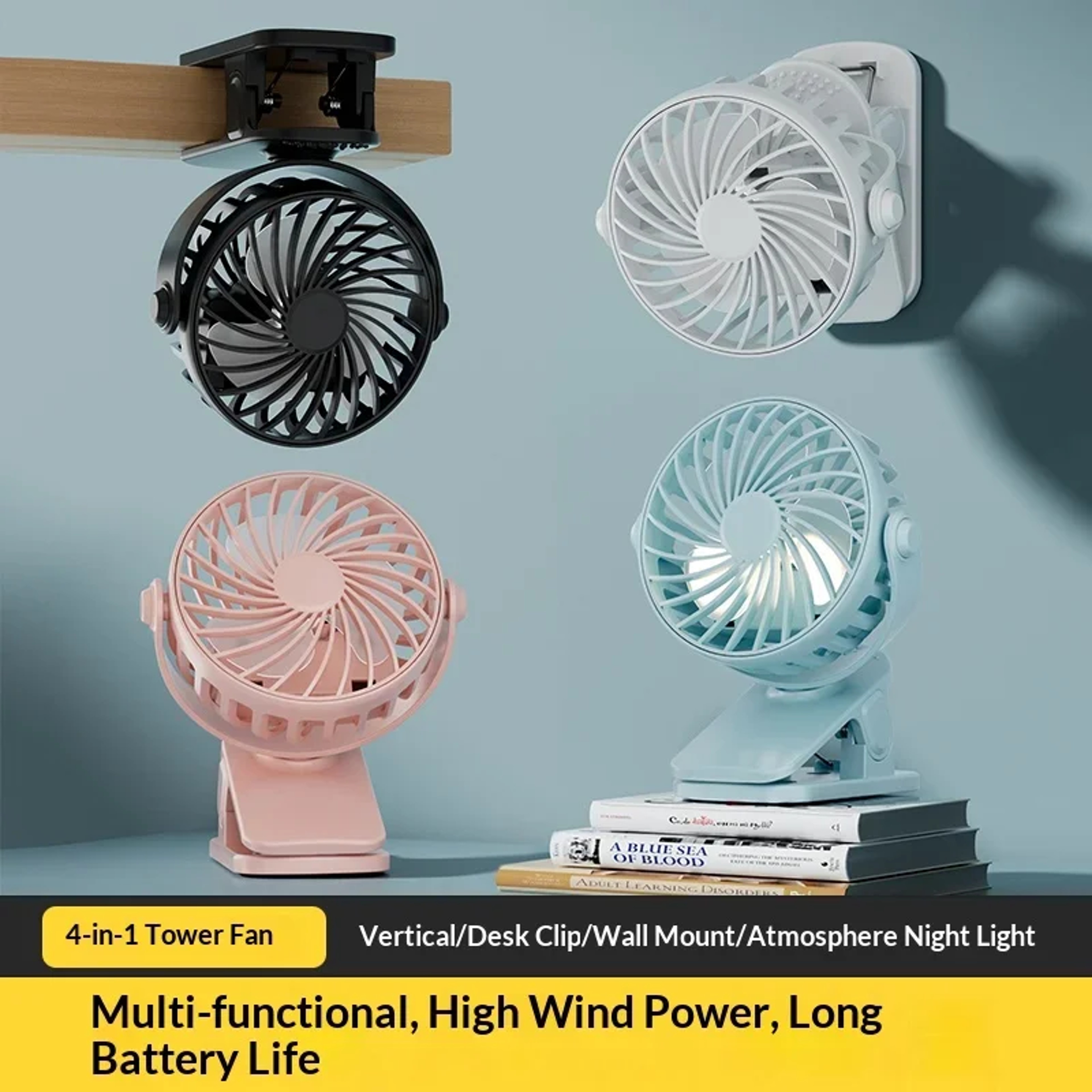 Rotating Rechargeable Clip Fan with Night Light for Camping, Travel & Desk Cooling – view 6