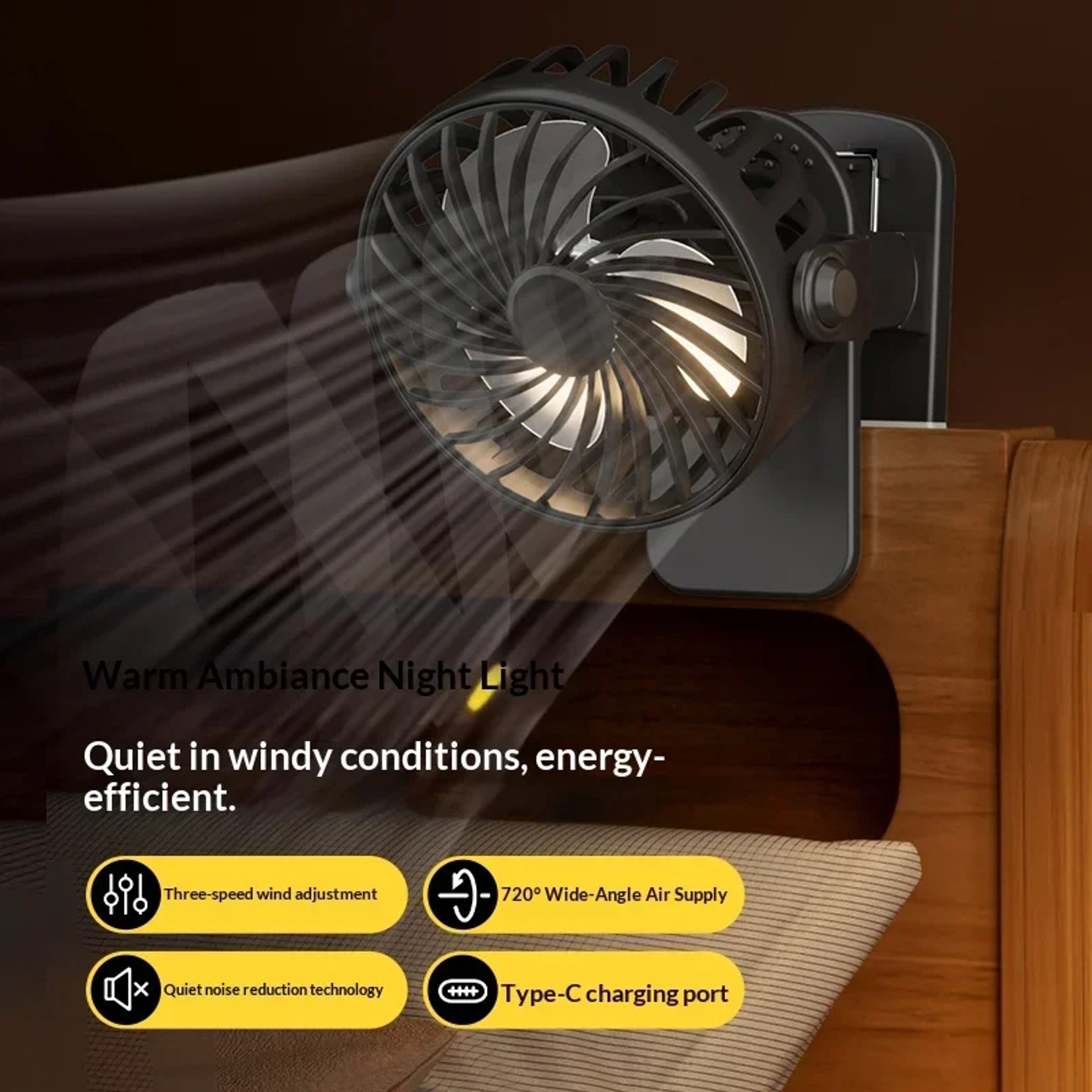Rotating Clip On Camping Fan With Night Light  USB Rechargeable Battery 2