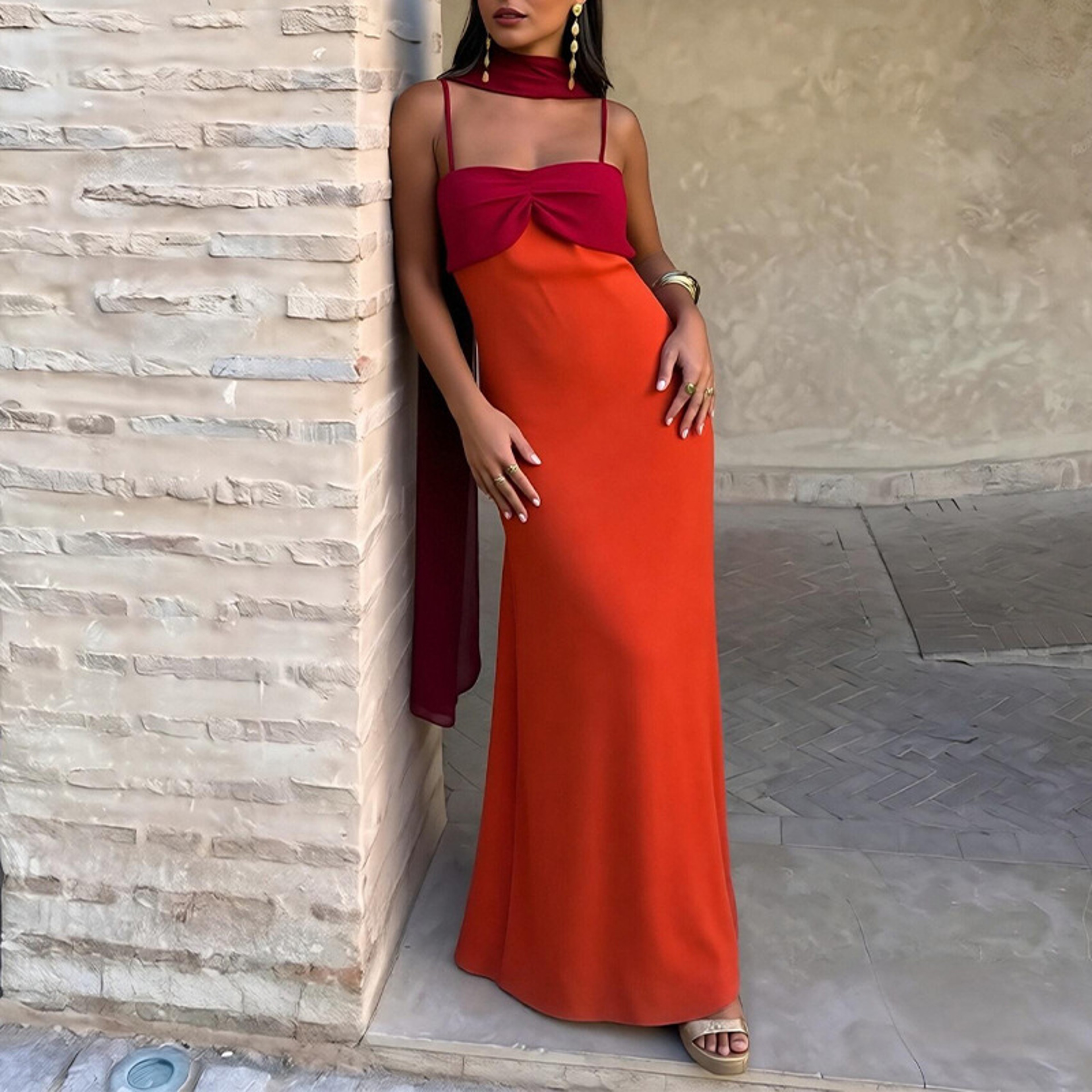 Elegant Color Block Halter Maxi Dress High Waist Hollow Out Vacation Dress For Summer Evenings 1