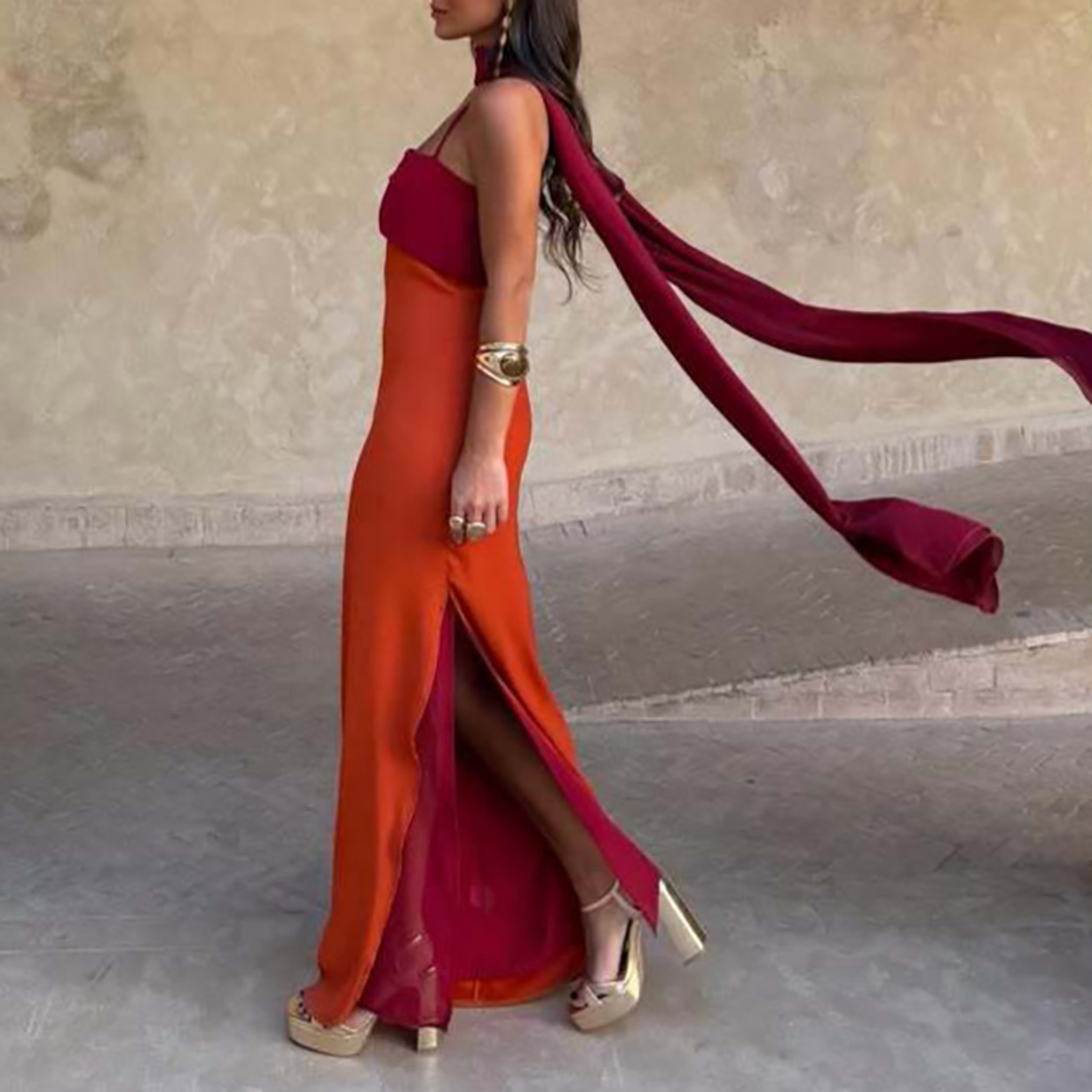 Elegant Color Block Halter Maxi Dress High Waist Hollow Out Vacation Dress For Summer Evenings 4