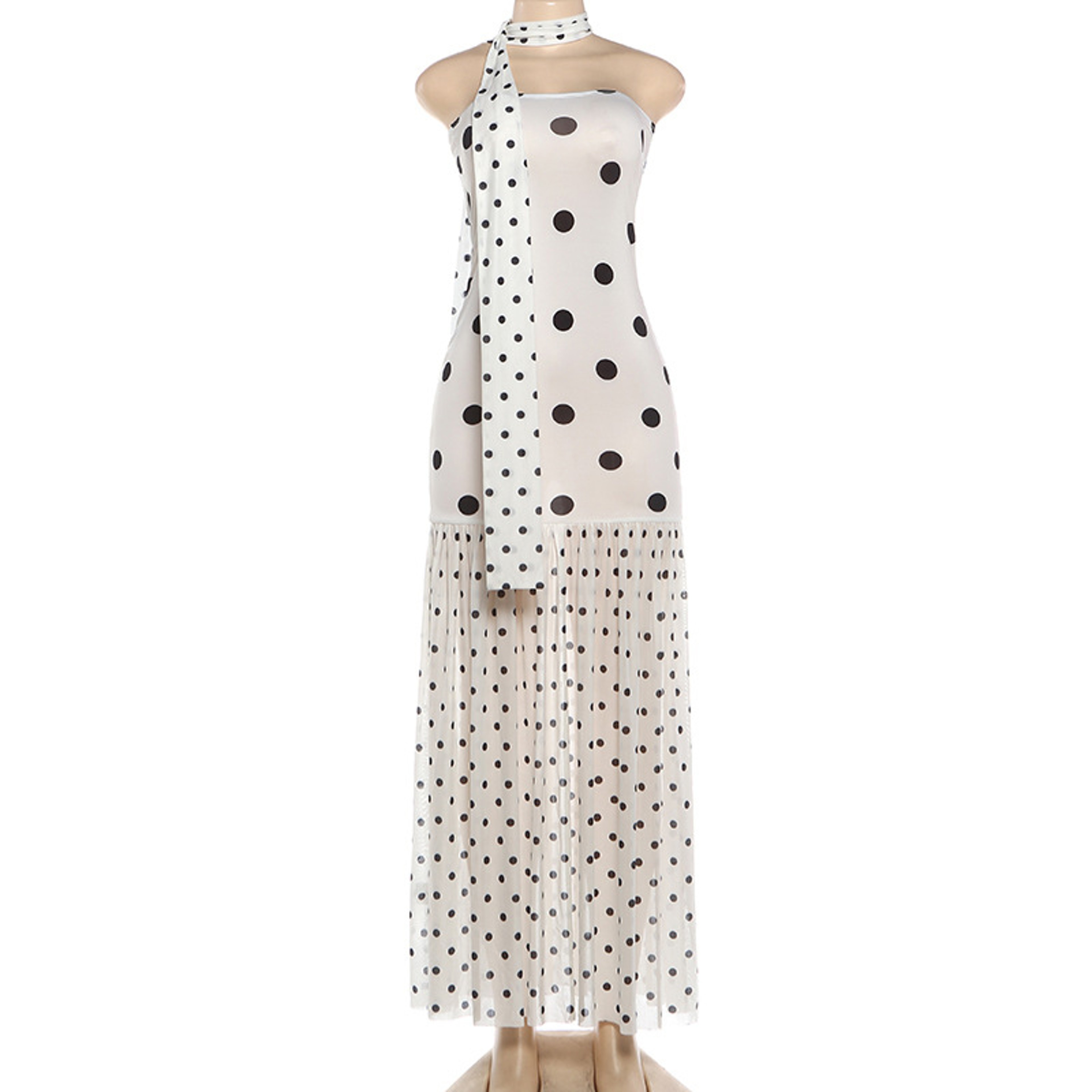 Polka Dot Strapless Vacation Maxi Dress Elegant High Waist Summer Beach Dress 5