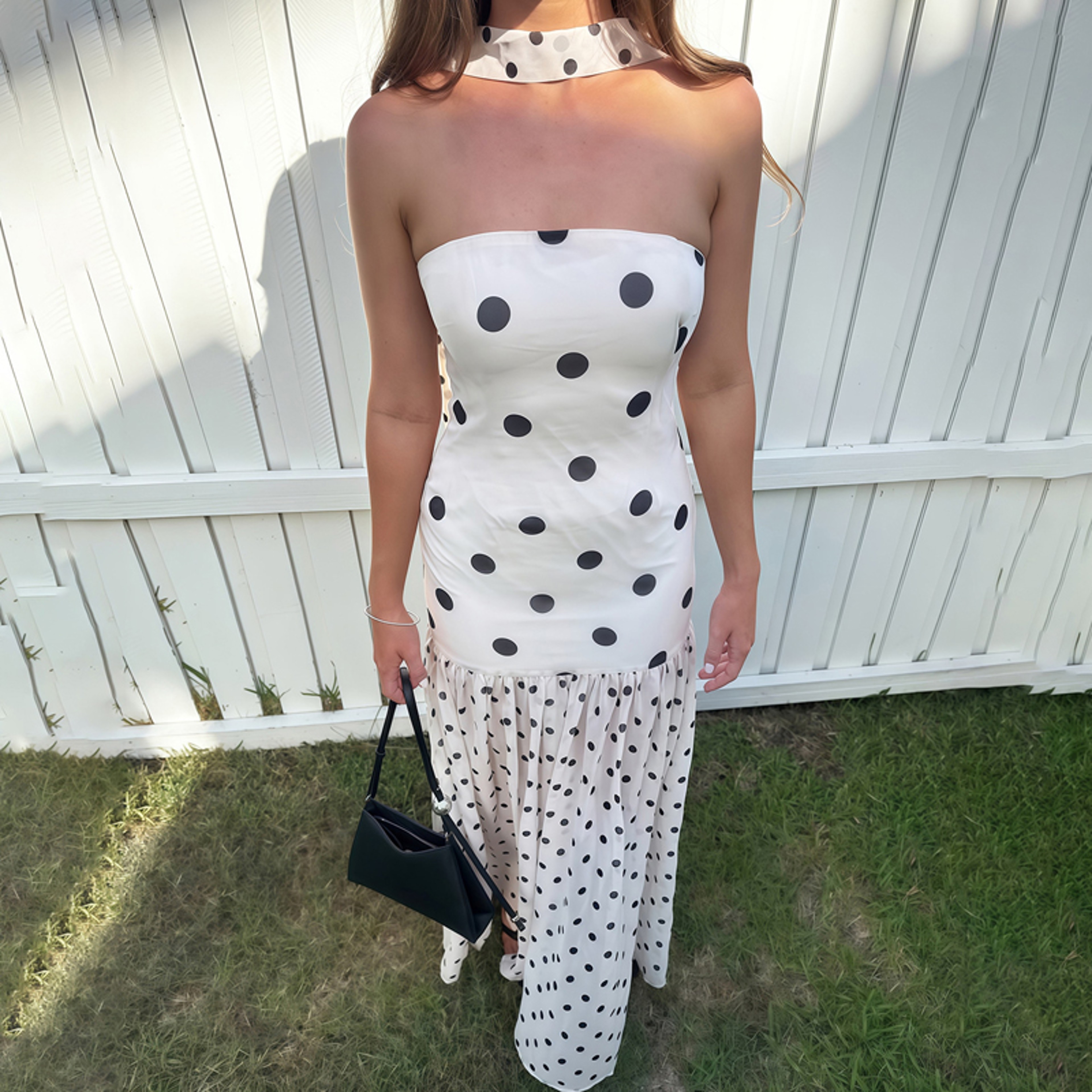 Polka Dot Strapless Vacation Maxi Dress Elegant High Waist Summer Beach Dress 4