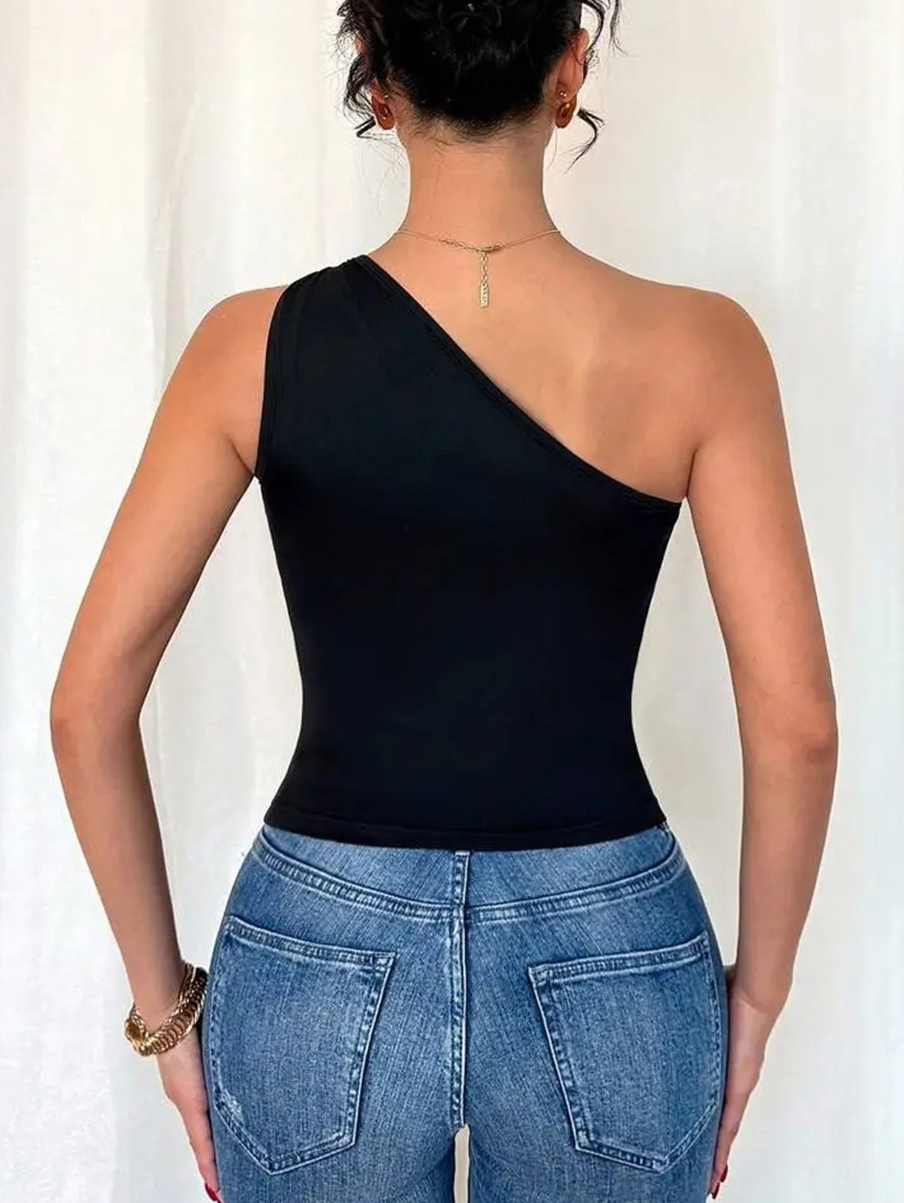 Black One Shoulder Knit Party Top With Gold Accent Slim Fit Evening Blouse 1