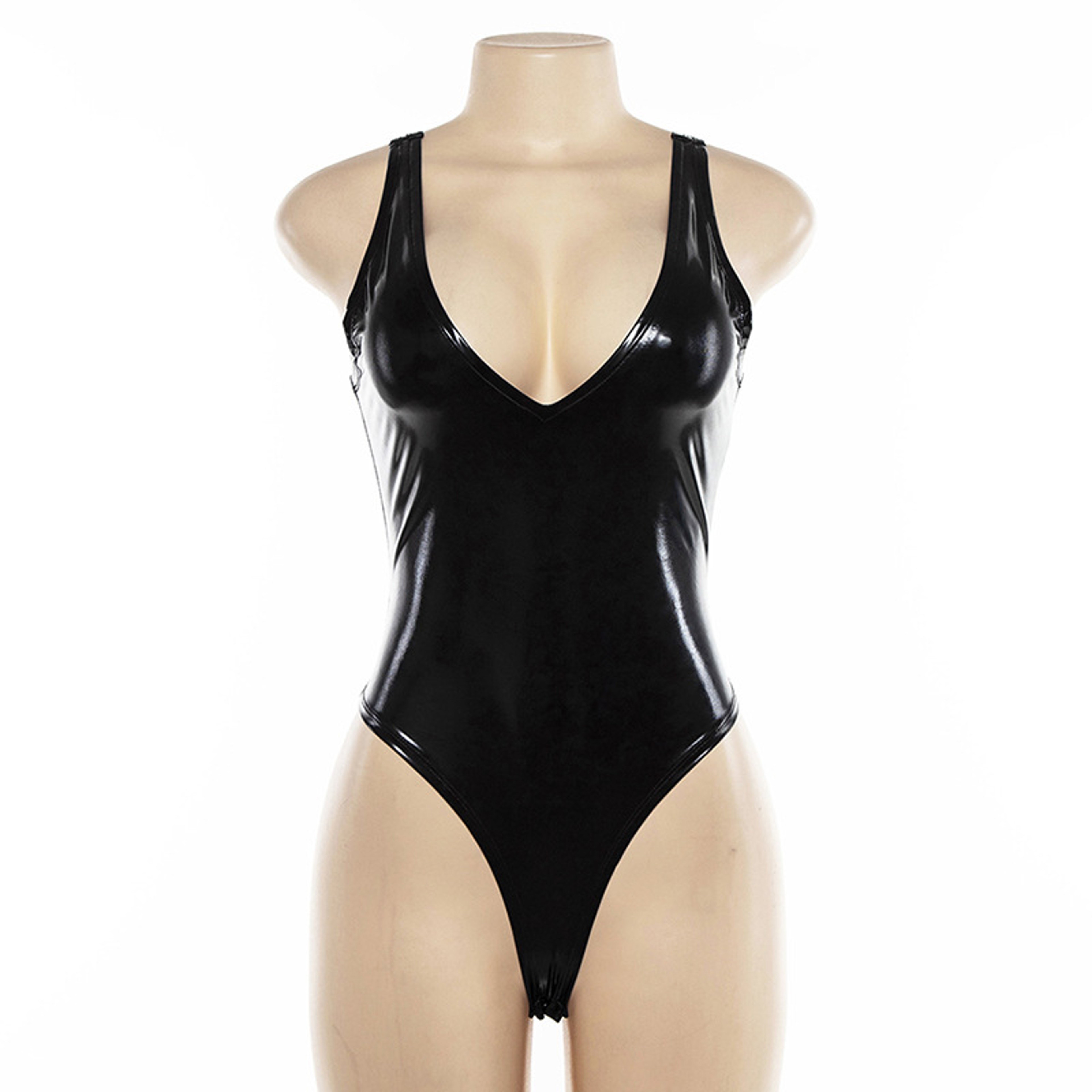 Midnight Curve PU Leather Bodysuit V Neck Backless Bodycon Jumpsuit 6