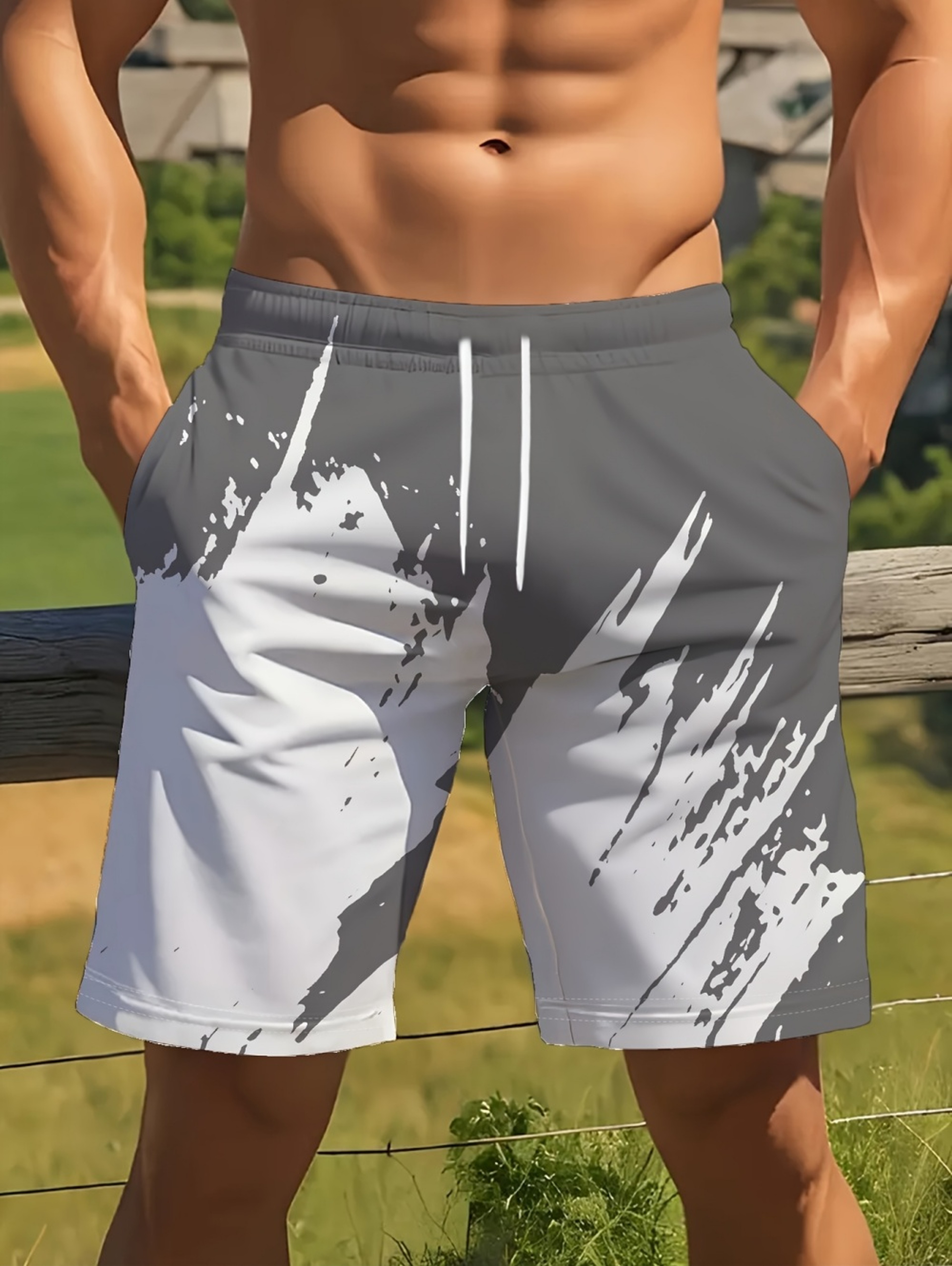 Color Block Print Mens Swim Trunks Quick Dry Drawstring Beach Shorts 2