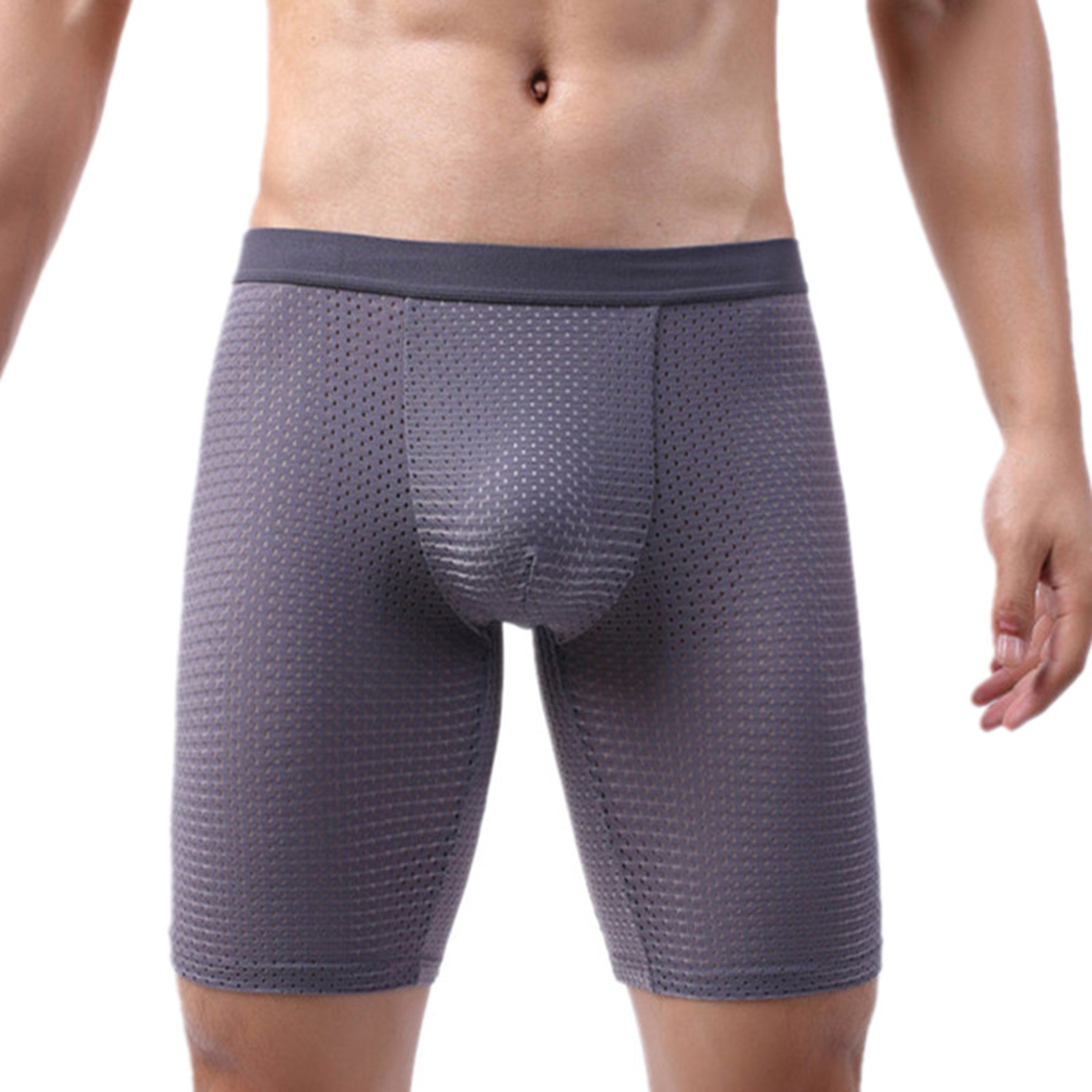 Mens Boxer Briefs Breathable Mesh Ice Silk Underwear With Support Pouch Long Leg Design 4