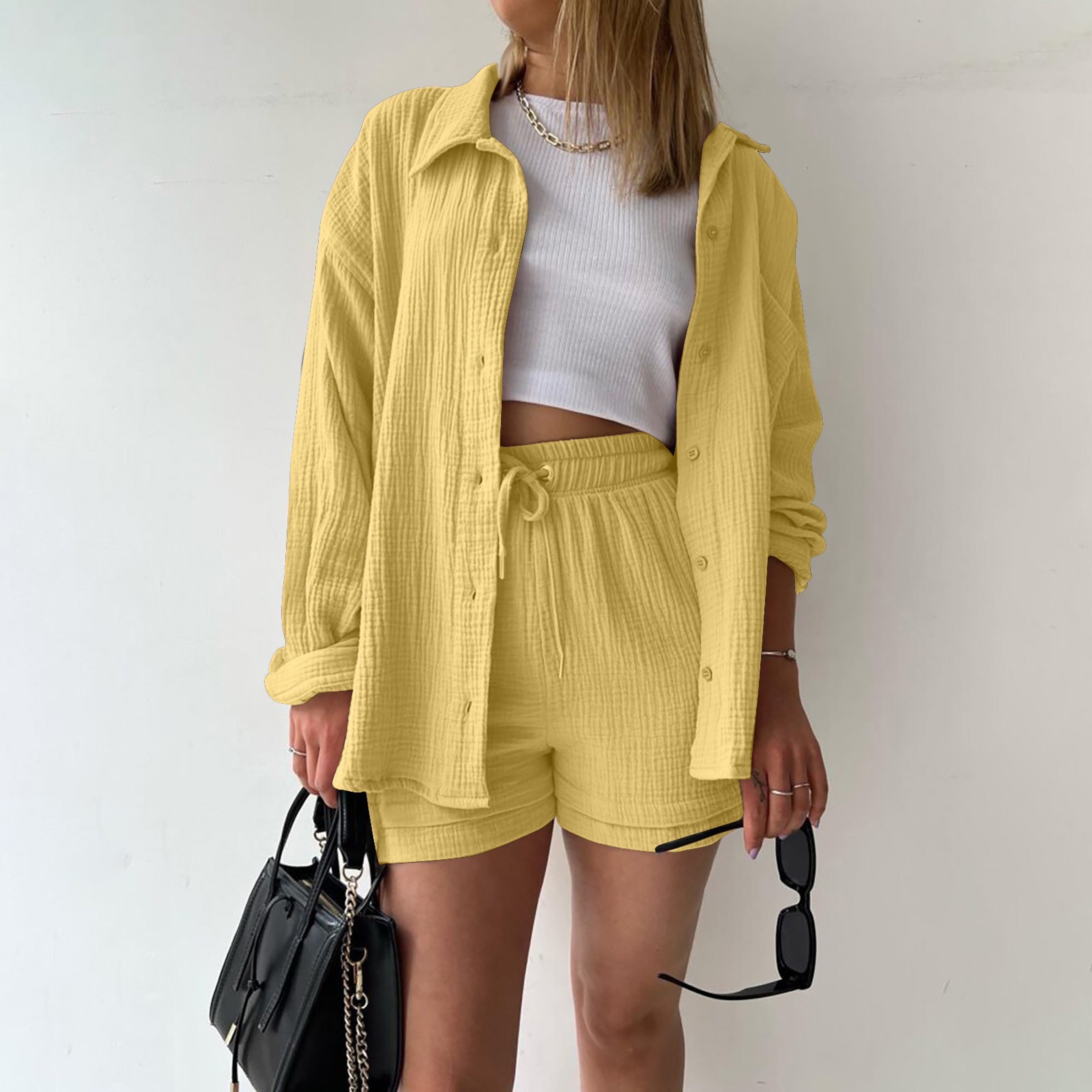 Womens Cotton Linen Summer Outfit Casual Shirt  High Waist Shorts Set 4