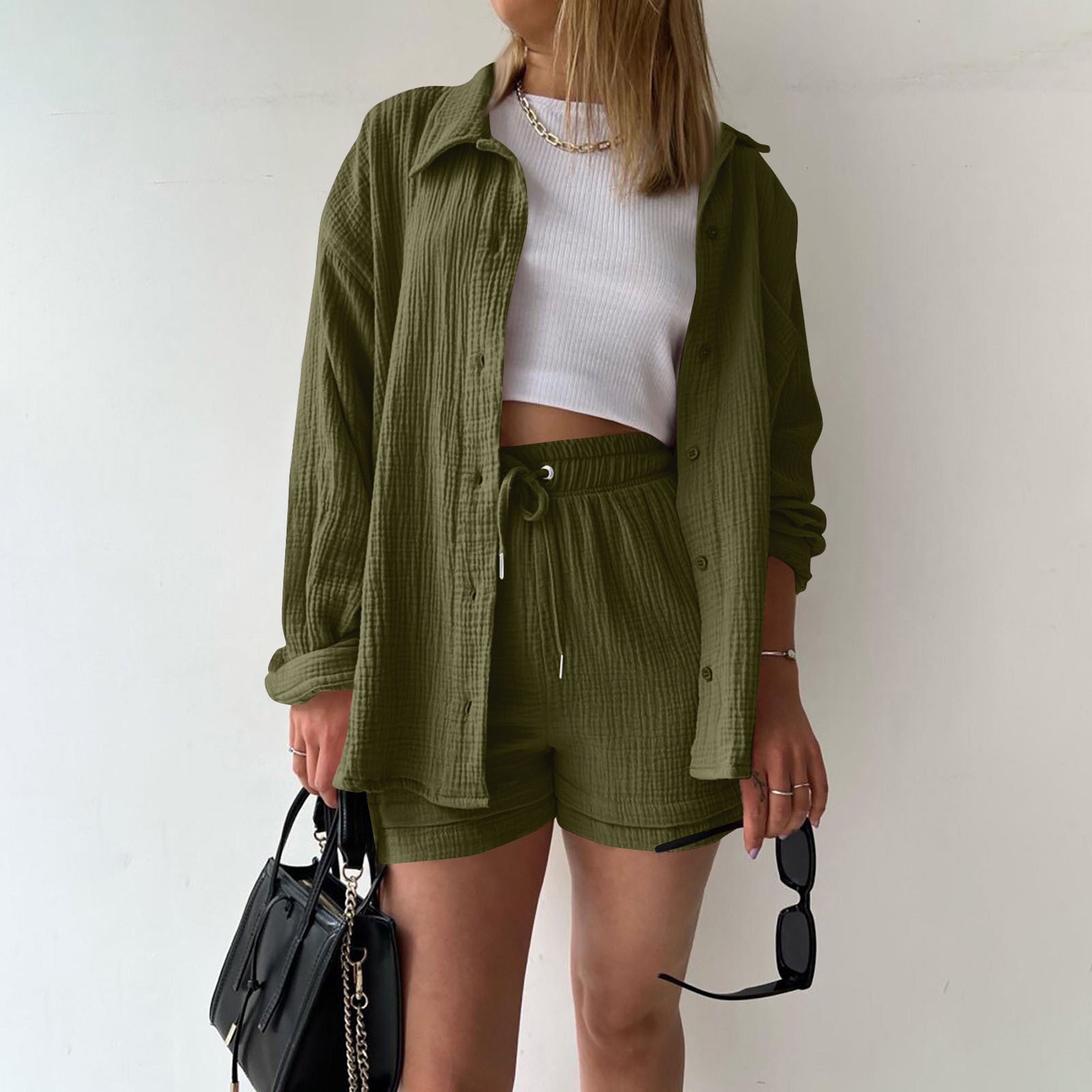 Womens Cotton Linen Summer Outfit Casual Shirt  High Waist Shorts Set 0