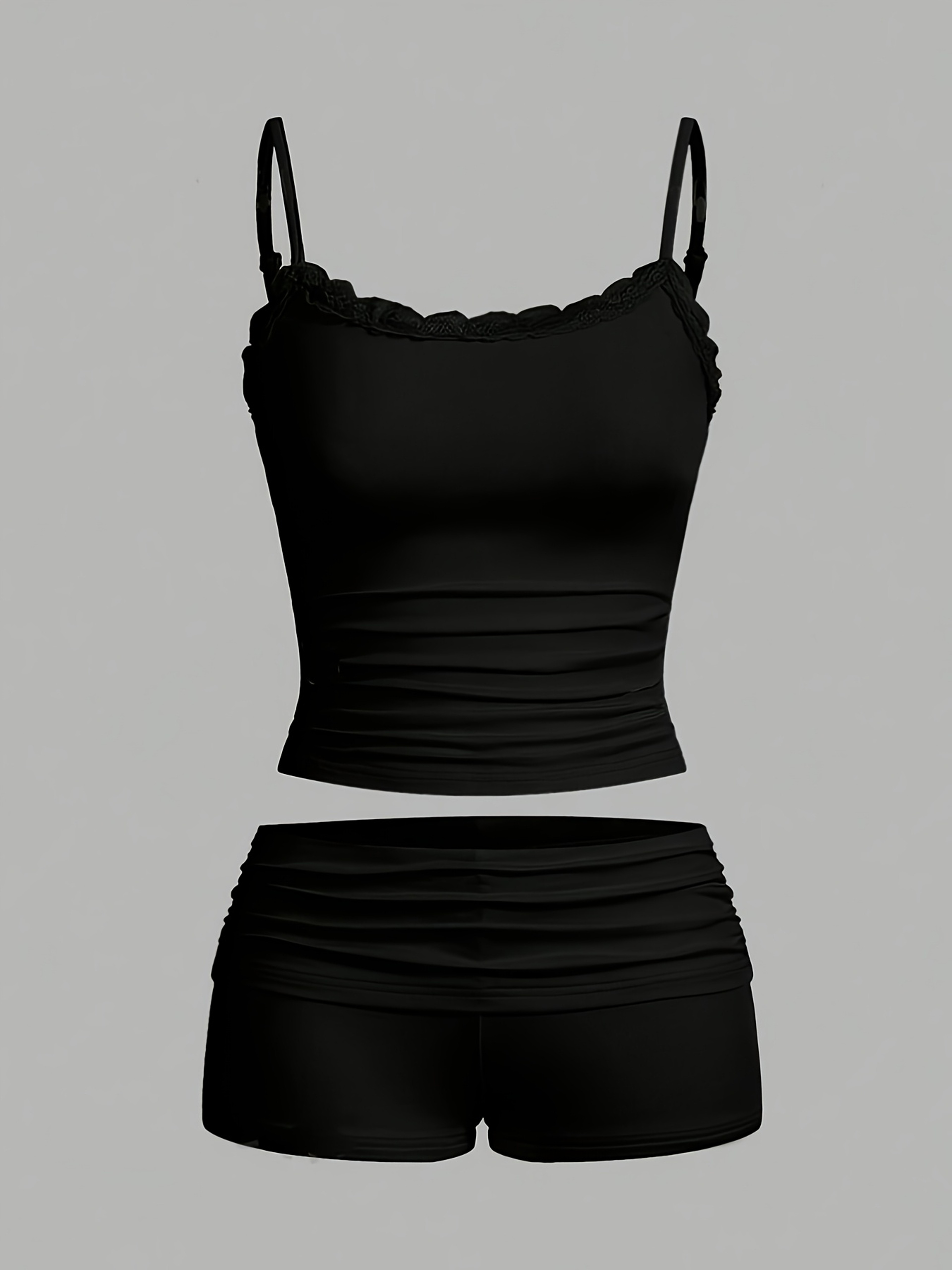 Plus Size Satin Cami Set Black Ruched Going Out Outfit With Adjustable Straps 1
