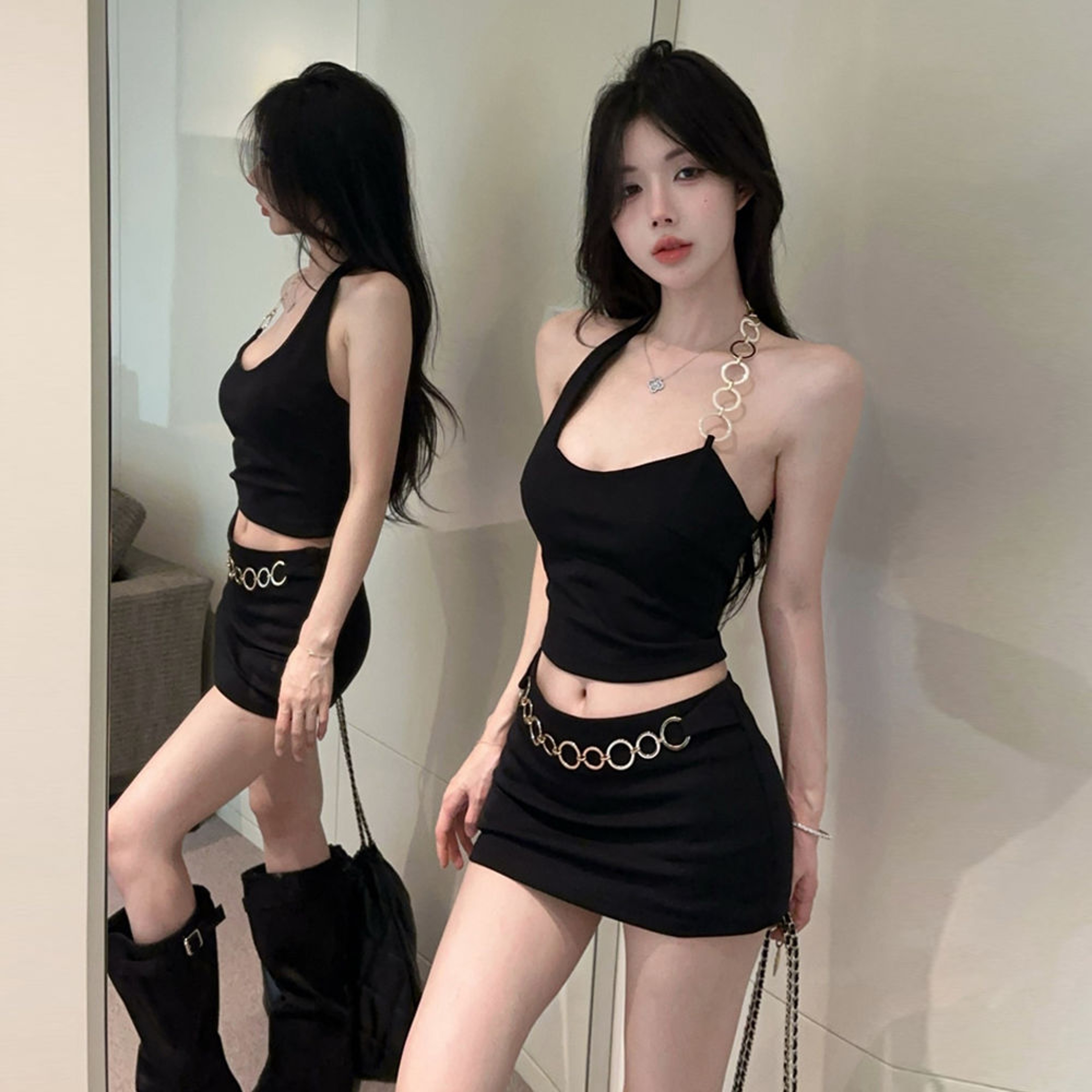 Womens Set With Chain Strap Crop Top  Bodycon Mini Skirt 5