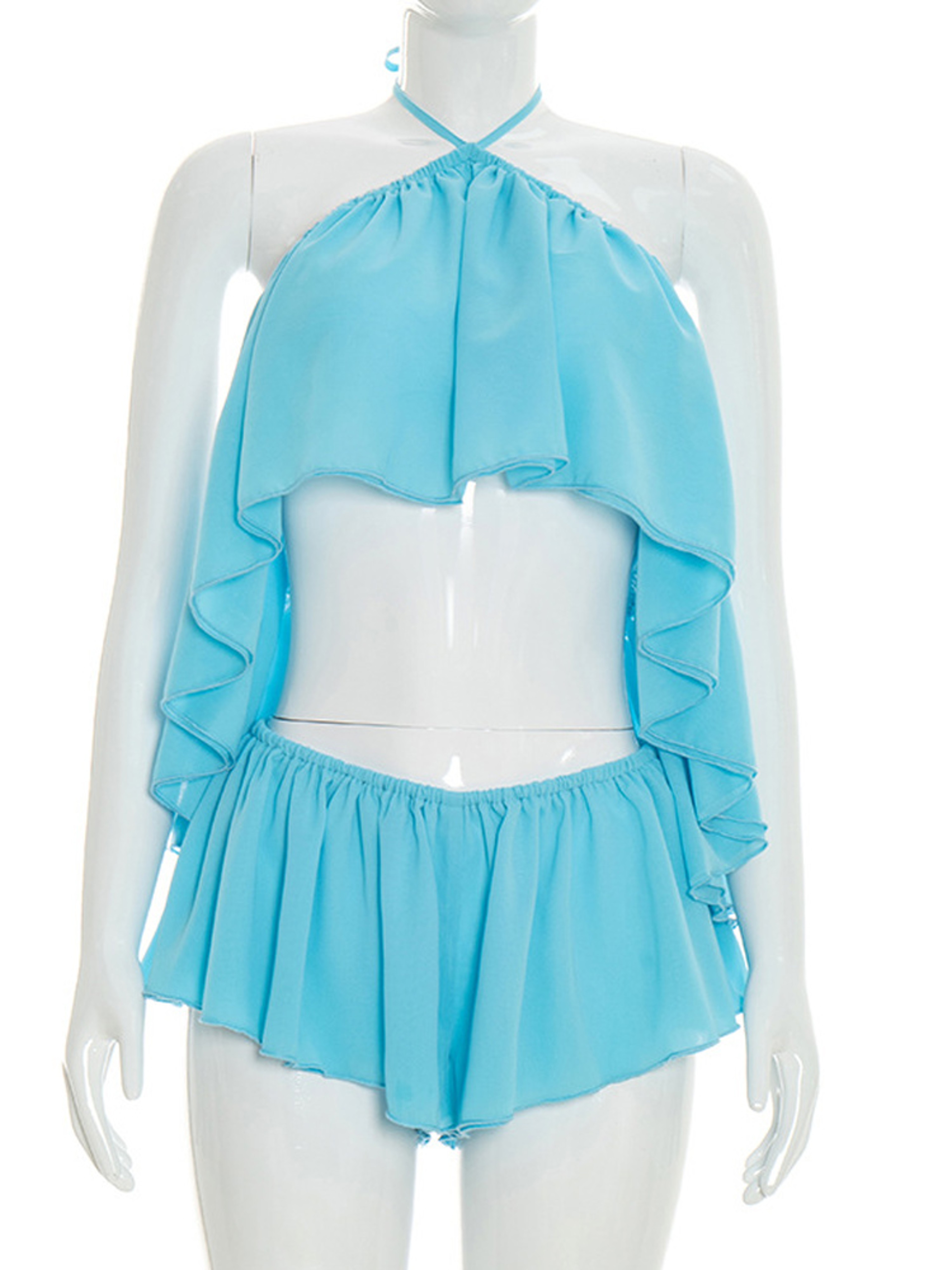 Womens Ruffled Halter Backless Skirt Set Chiffon Beach Outfit With Mini Skort 3