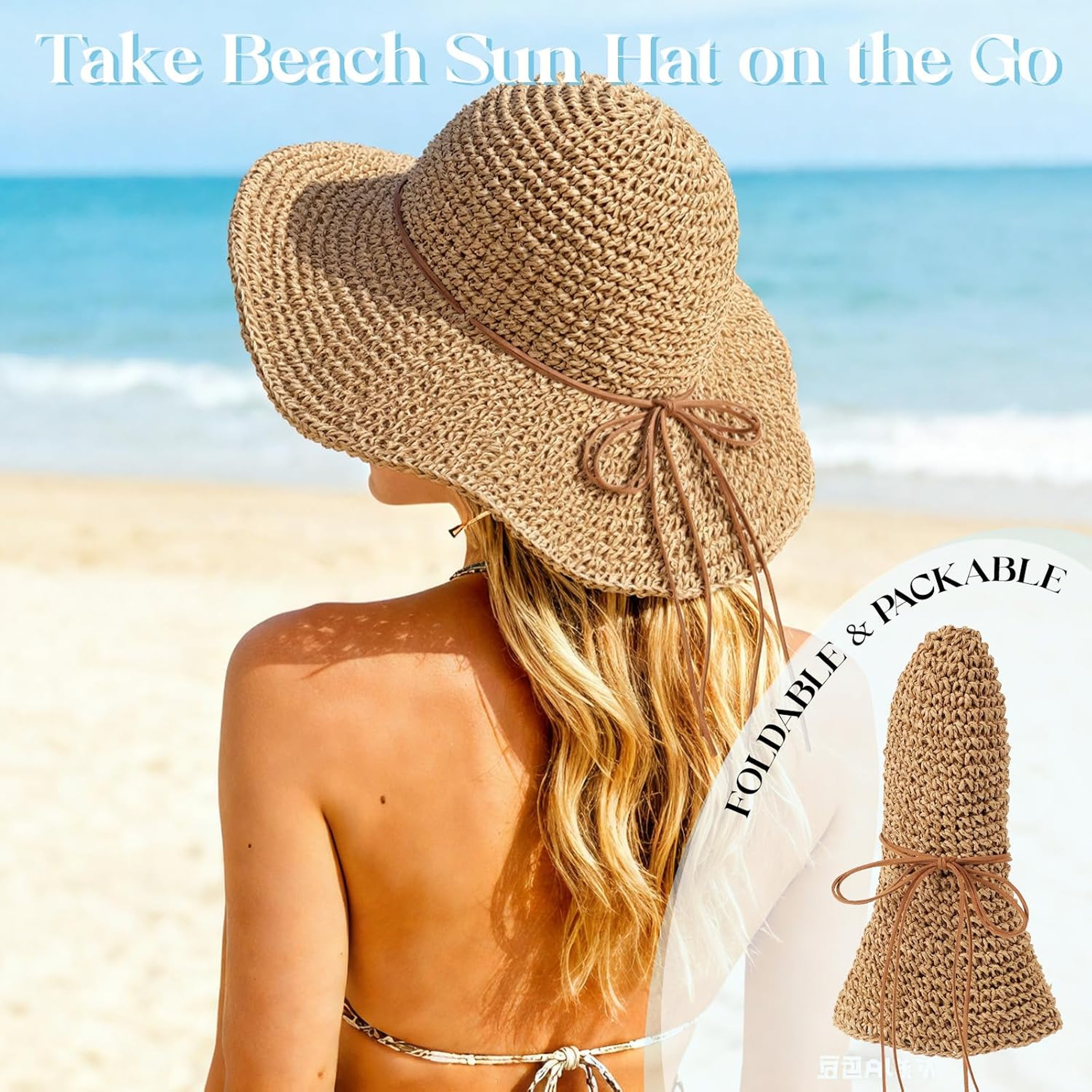 Womens Straw Sun Hat Wide Brim Beach Hat Foldable Packable Summer Cap 1