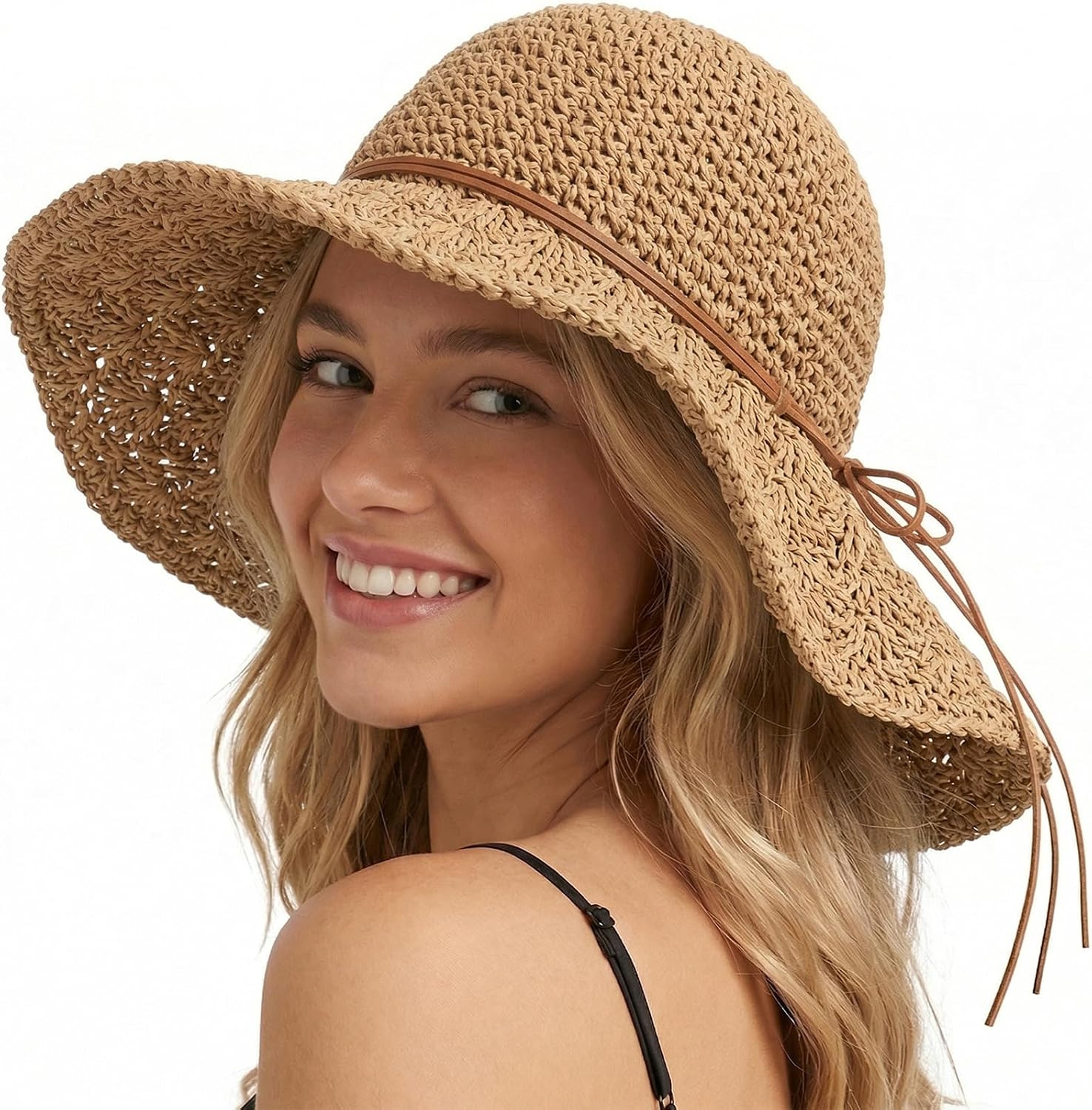 Womens Straw Sun Hat Wide Brim Beach Hat Foldable Packable Summer Cap 4