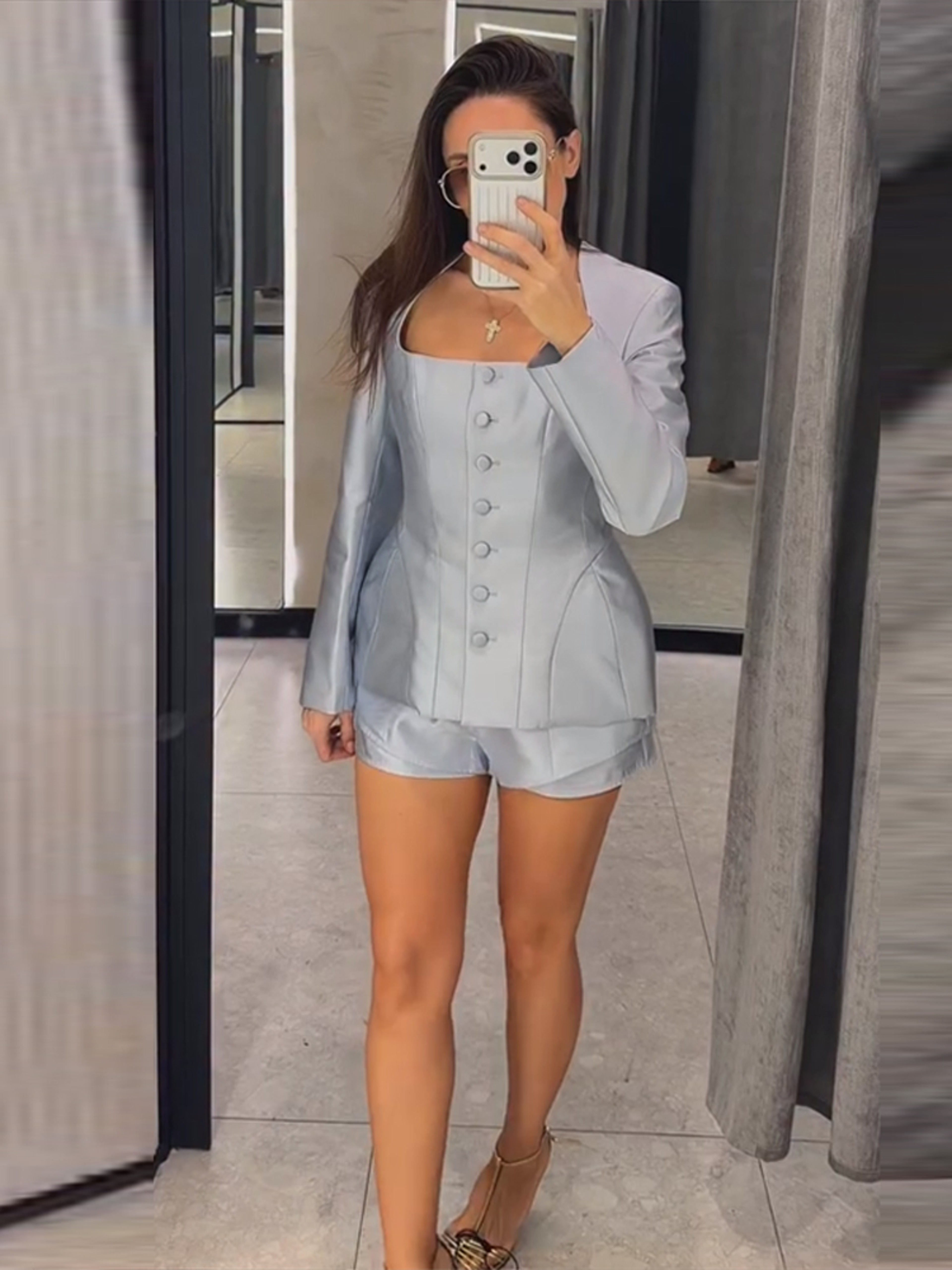 Womens Chic Blazer  High Waist Shorts Set Elegant Square Neck Outfit 0