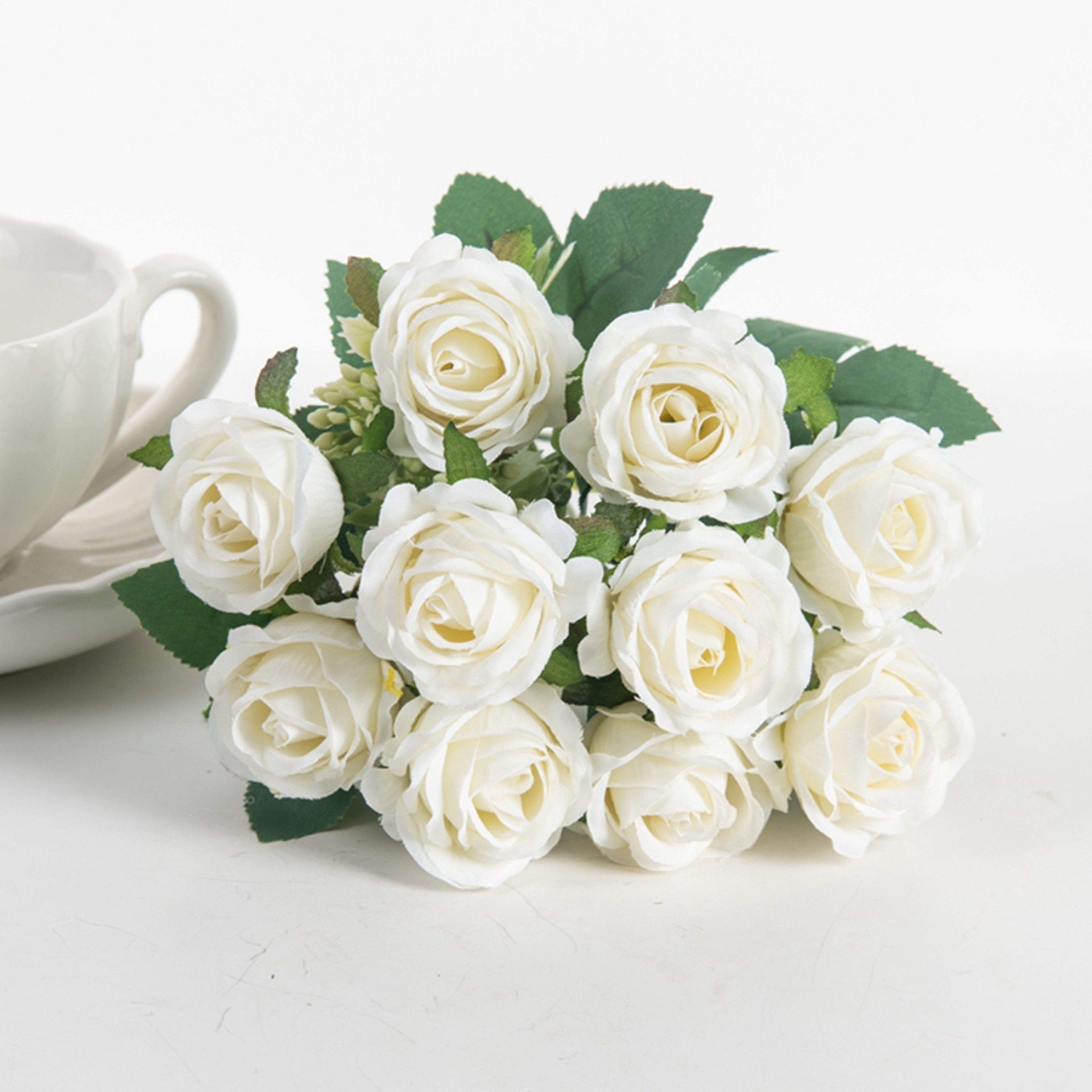 Artificial Flower White Rose Bundle, Ten Head Silk Roses for Wedding, Scrapbook, Outdoor Garden, Party, Family Room Vase – view 12