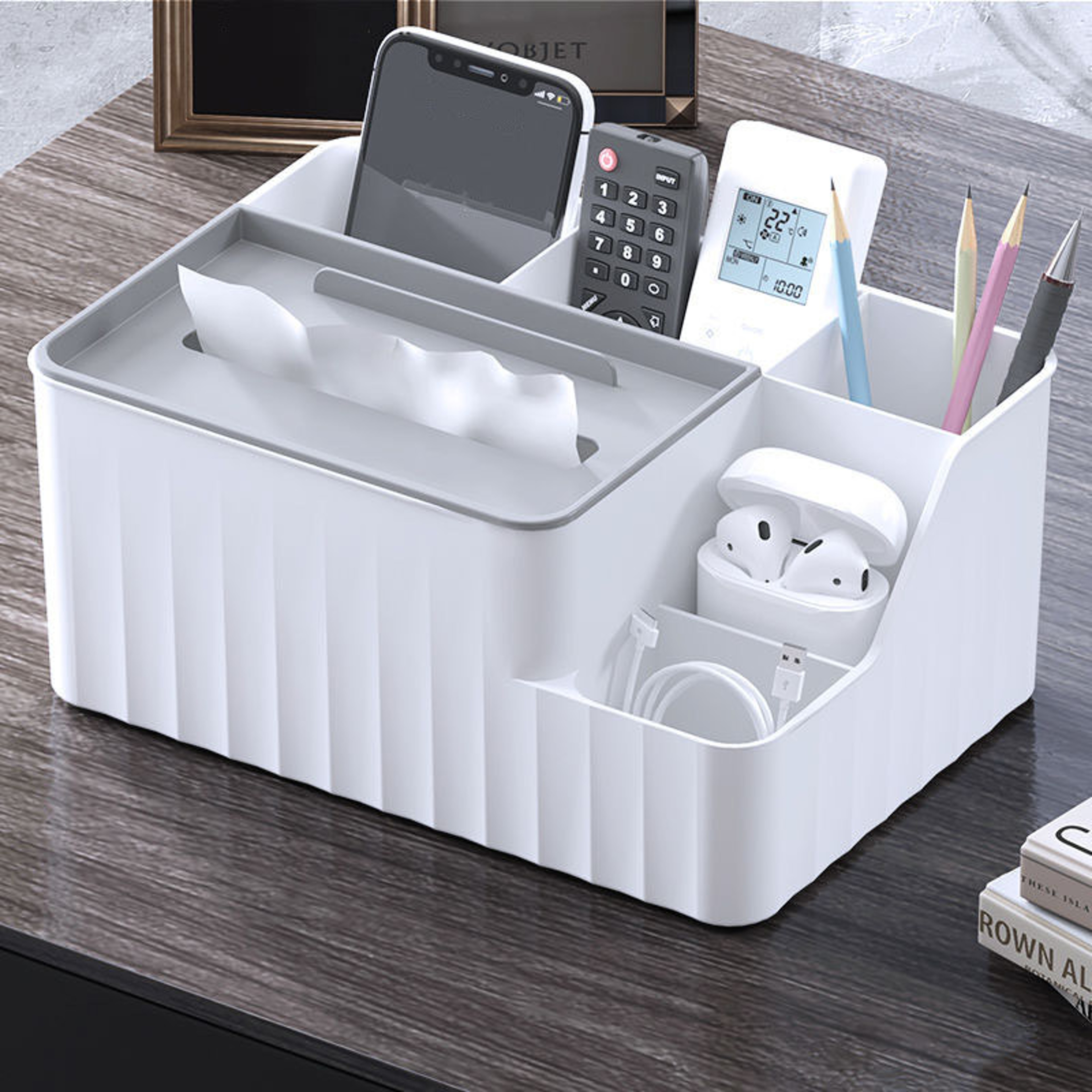 Multi functional Tissue Box with Remote Holder, Desk Organiser for Living Room, Kitchen, Office Plastic Storage – view 7