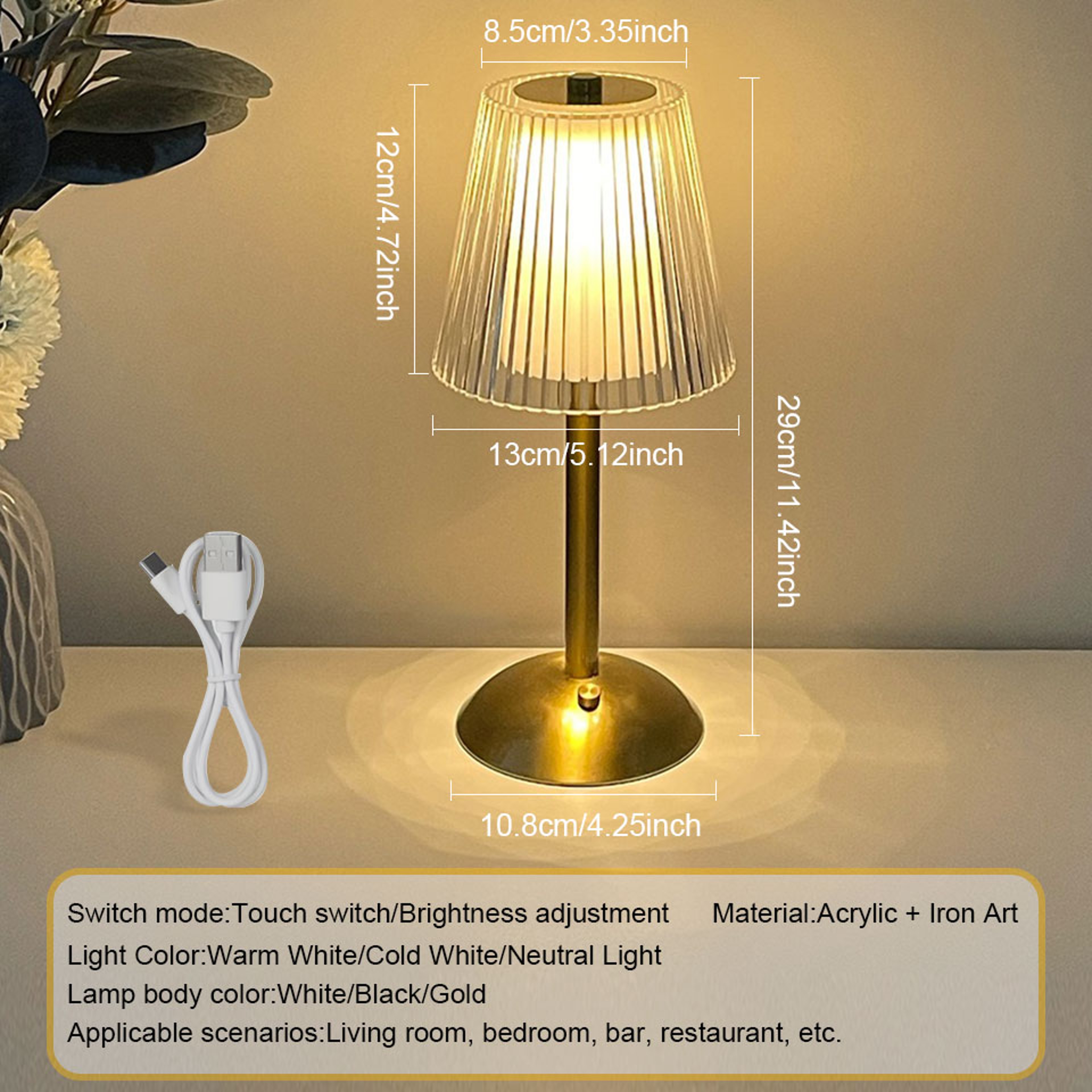 Modern LED Table Lamp, Rechargeable, Touch Sensor, Dimmable Night Light for Bedroom, Hotel, and Bar – view 3