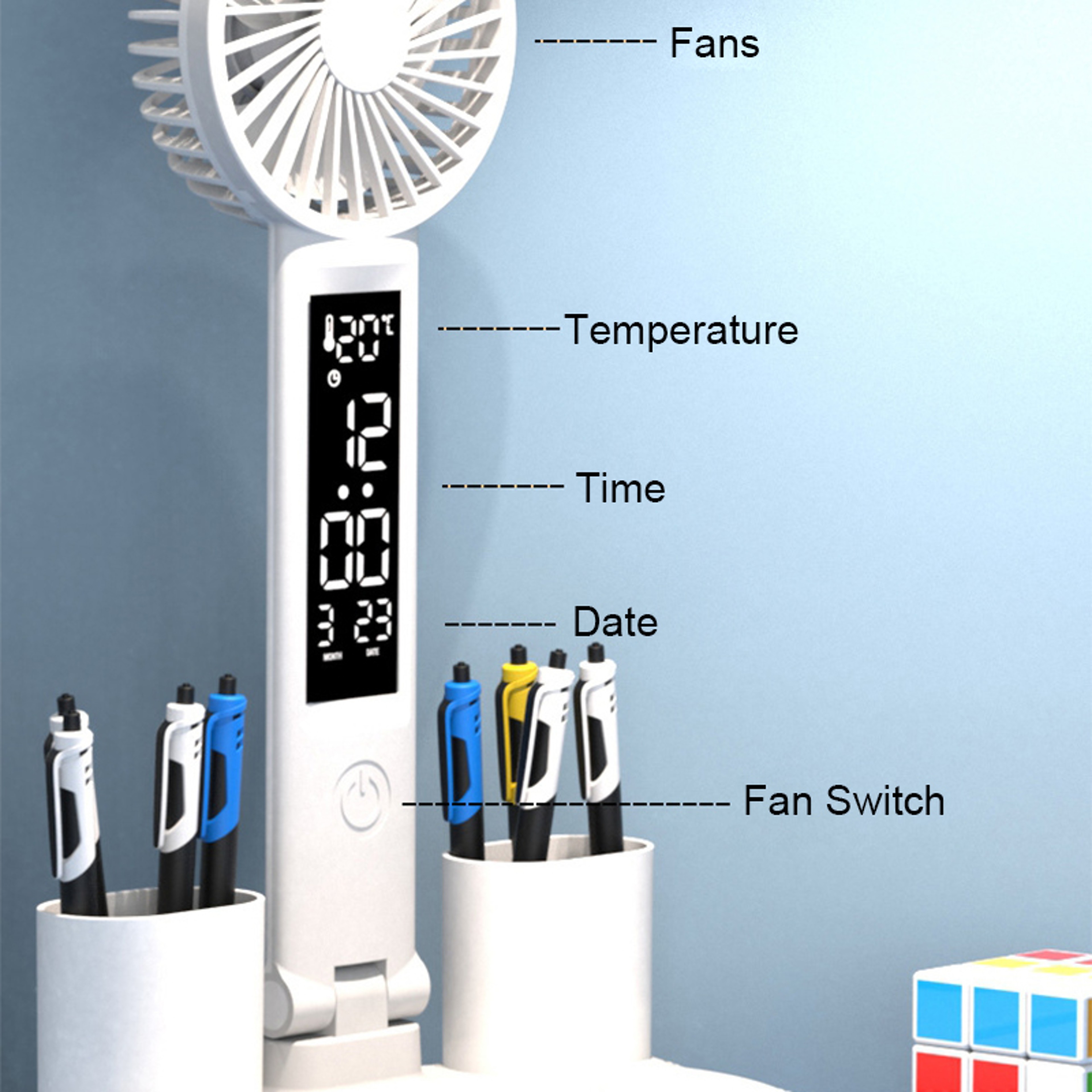 Rechargeable Table Lamp for Study, Desk Lamp with Fan and LED Clock, Reading Light – view 3