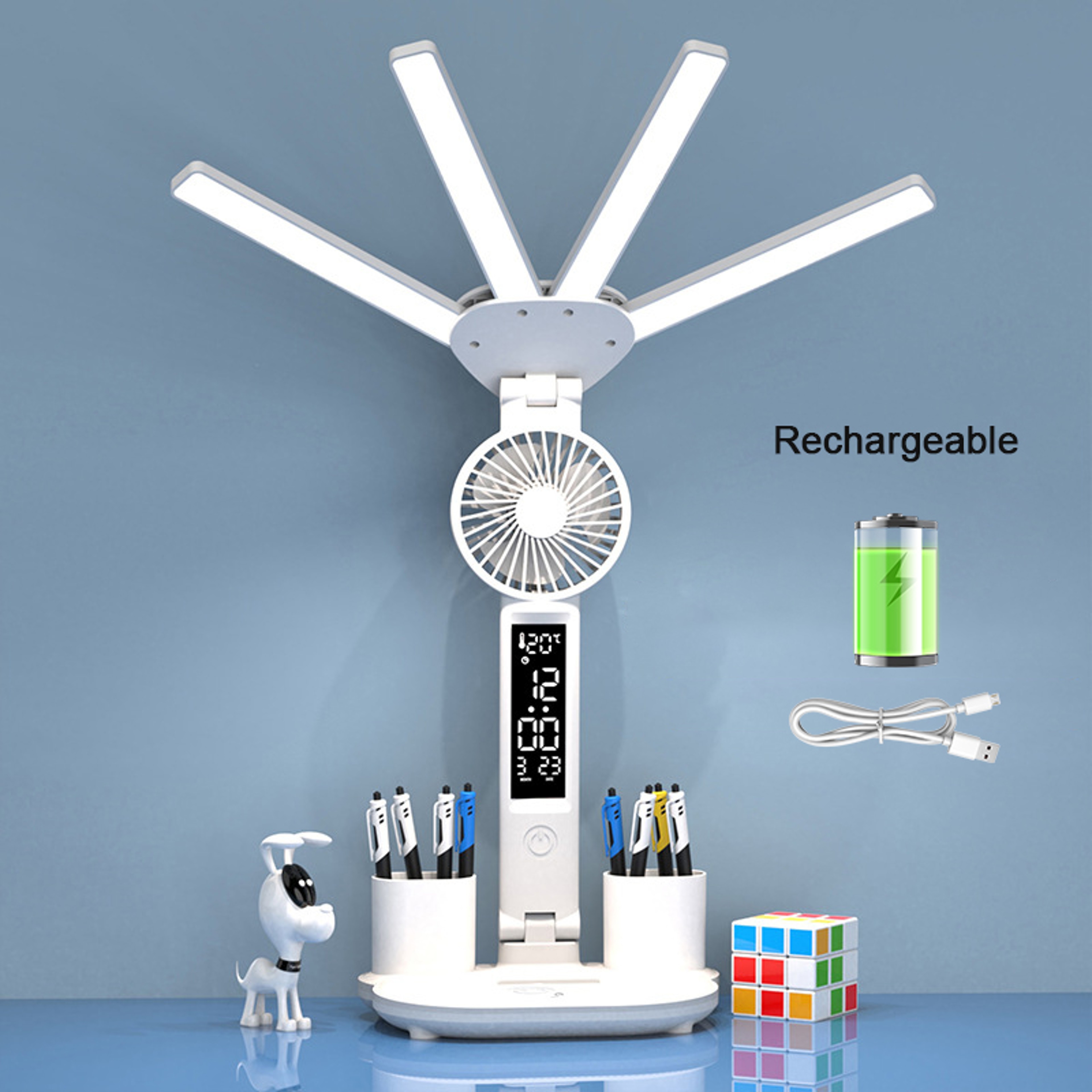 Rechargeable Table Lamp for Study, Desk Lamp with Fan and LED Clock, Reading Light – view 8