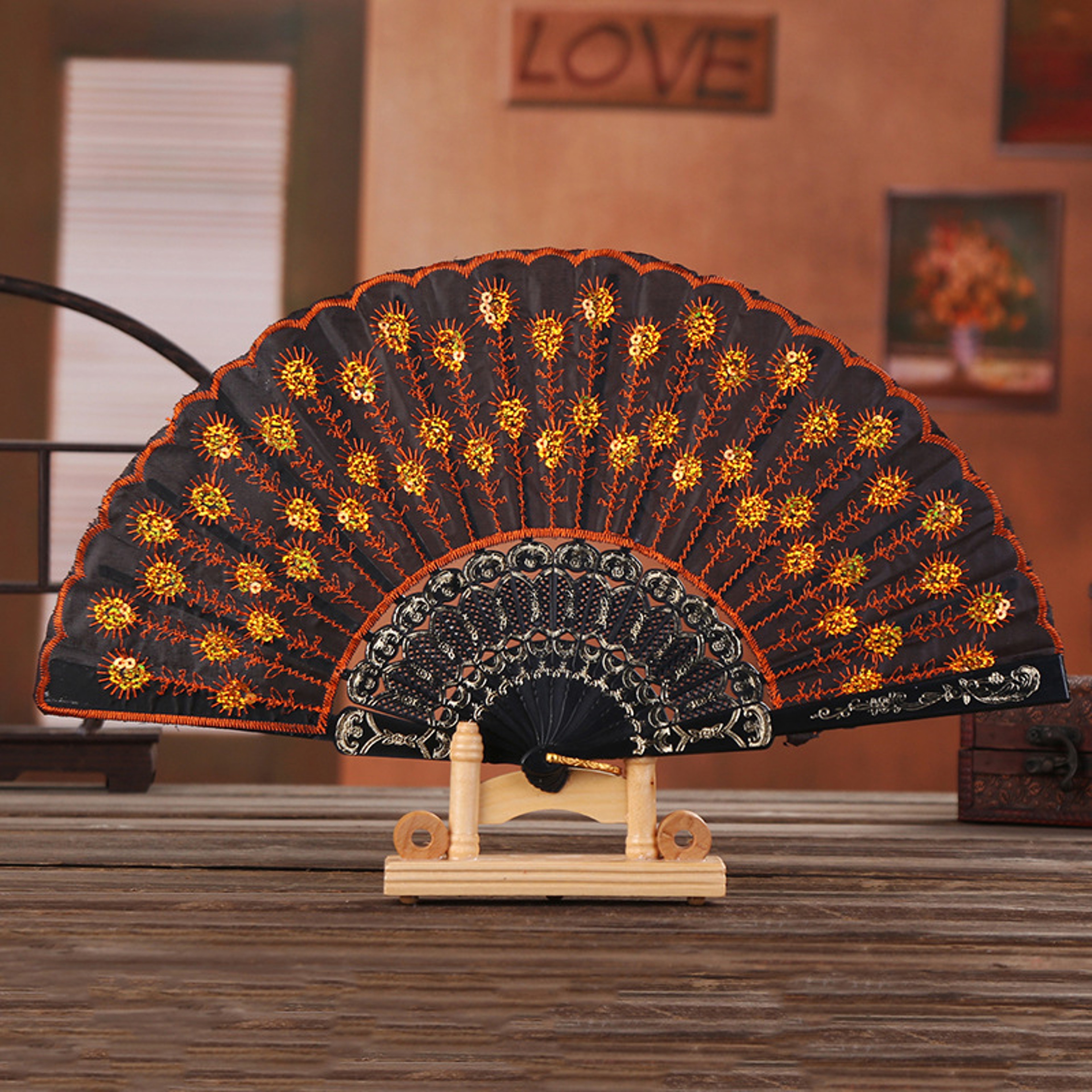 Elegant Sequin Embroidered Fan, Plastic Folding Fan, Handheld Craft Fan for Wedding, Dance, Party – view 6