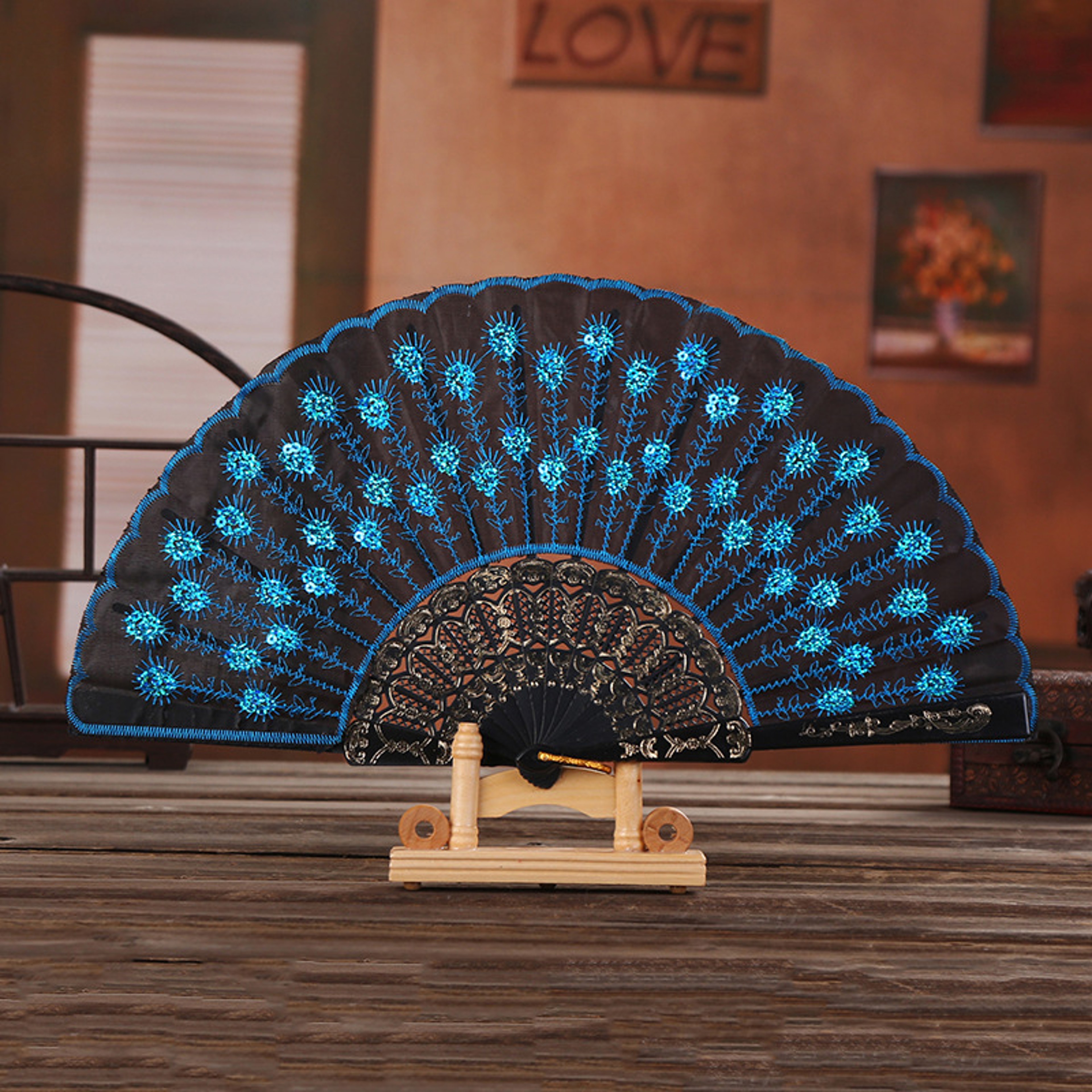 Elegant Sequin Embroidered Fan, Plastic Folding Fan, Handheld Craft Fan for Wedding, Dance, Party – view 8