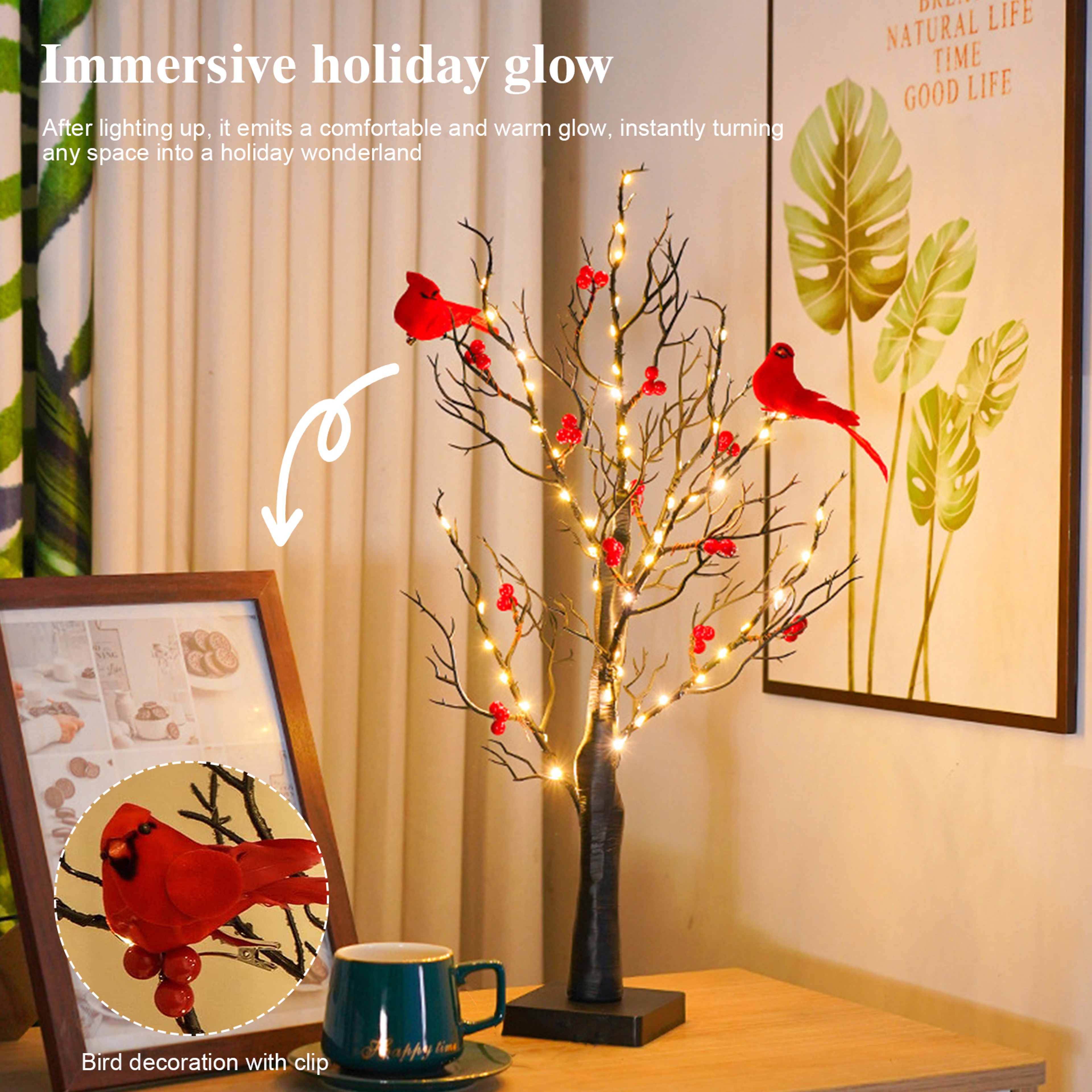 Vintage LED Christmas Tree, Red Berry Tree Light with Cardinals, Glowing Holiday Decoration – view 4