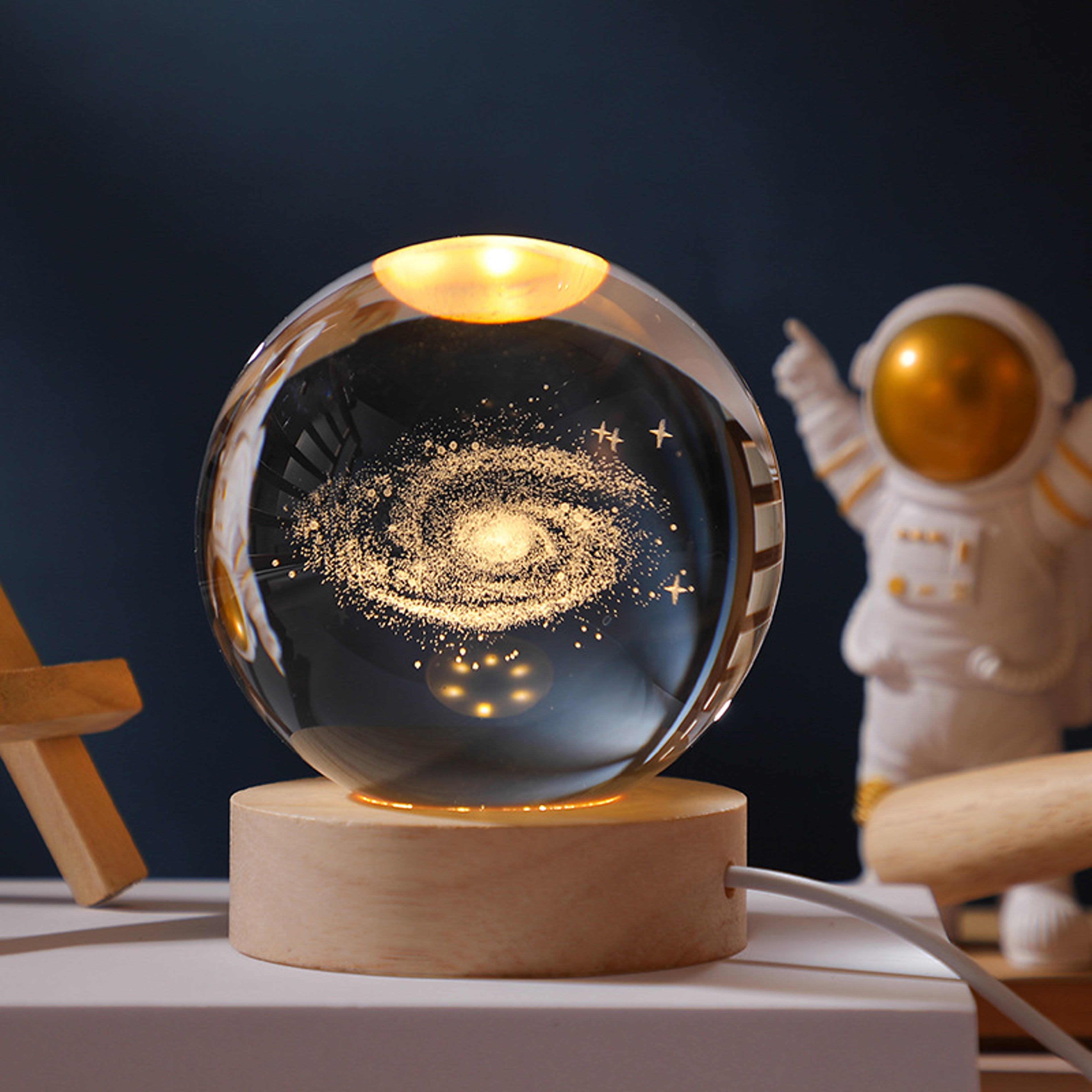 Creative Desktop Decoration, Crystal Ball with Inner Carving, Glowing Night Light, Wooden Base, Holiday Gift – view 1