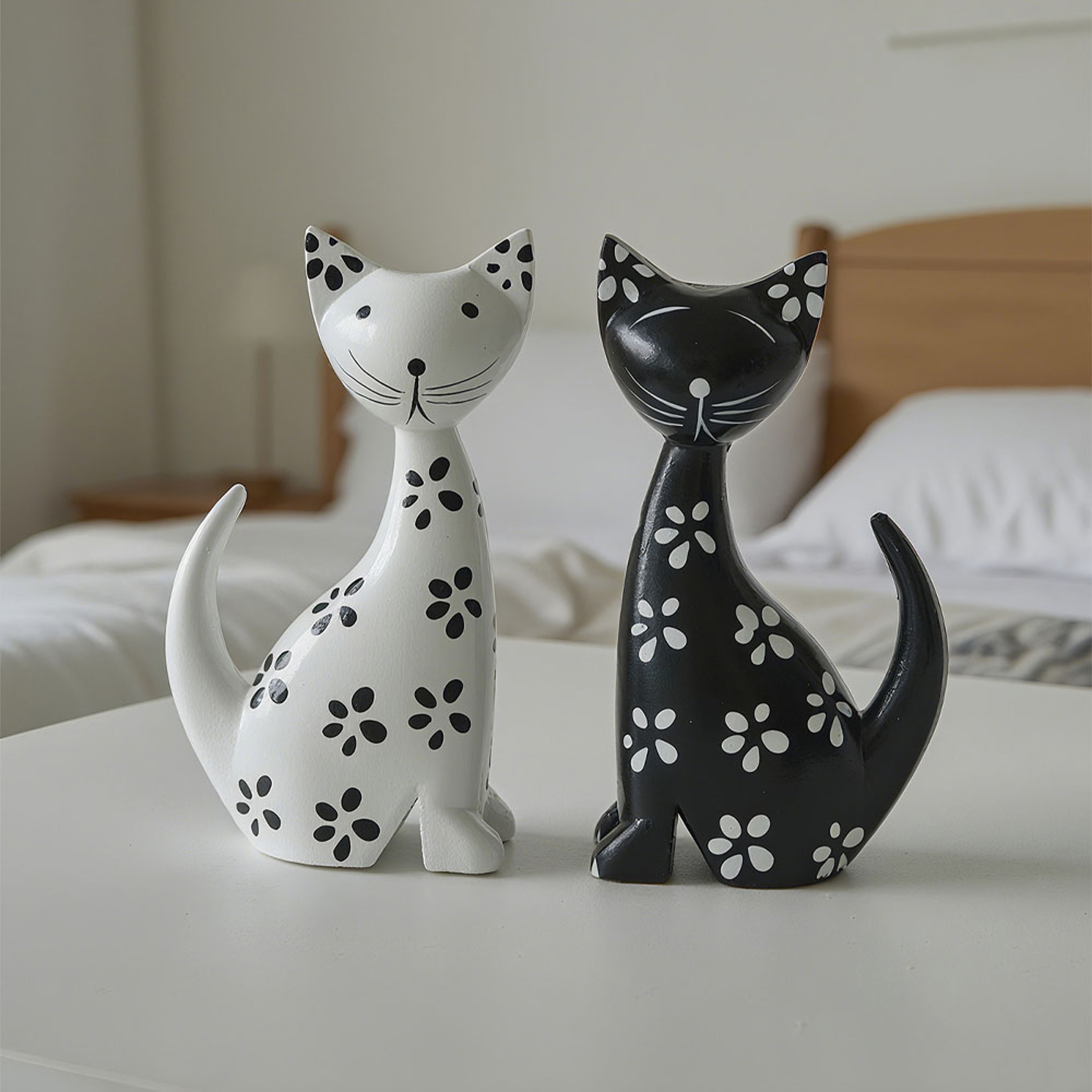 Nordic Minimalist Wooden Cat Ornament, Black and White Couple Spotted Kitten, Cute Desktop Decoration – view 4