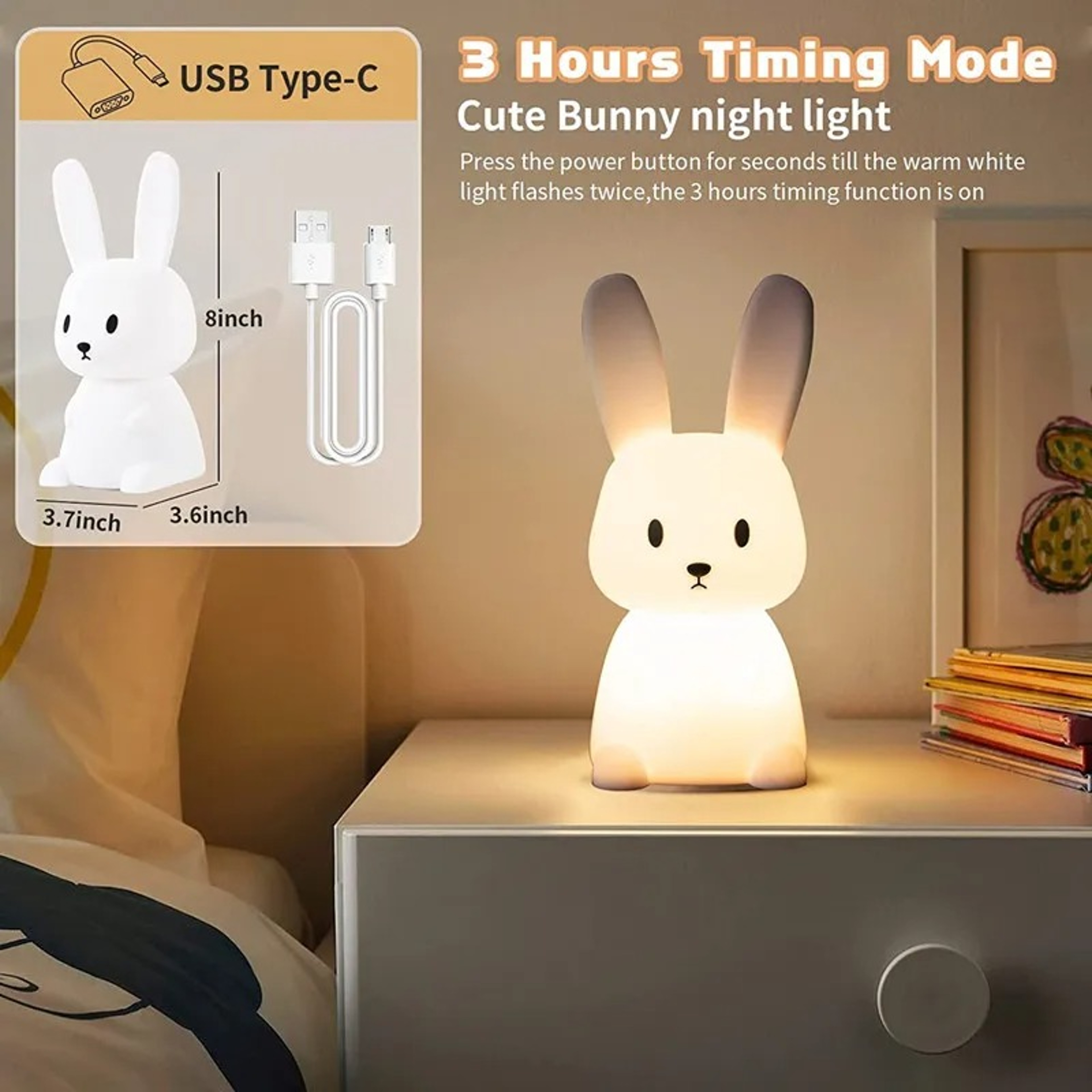Cute Animal Night Light, Silicone Rabbit LED Lamp, Touch Sensor for Kids, Baby Bedroom Decor, Child Home Gift – view 3