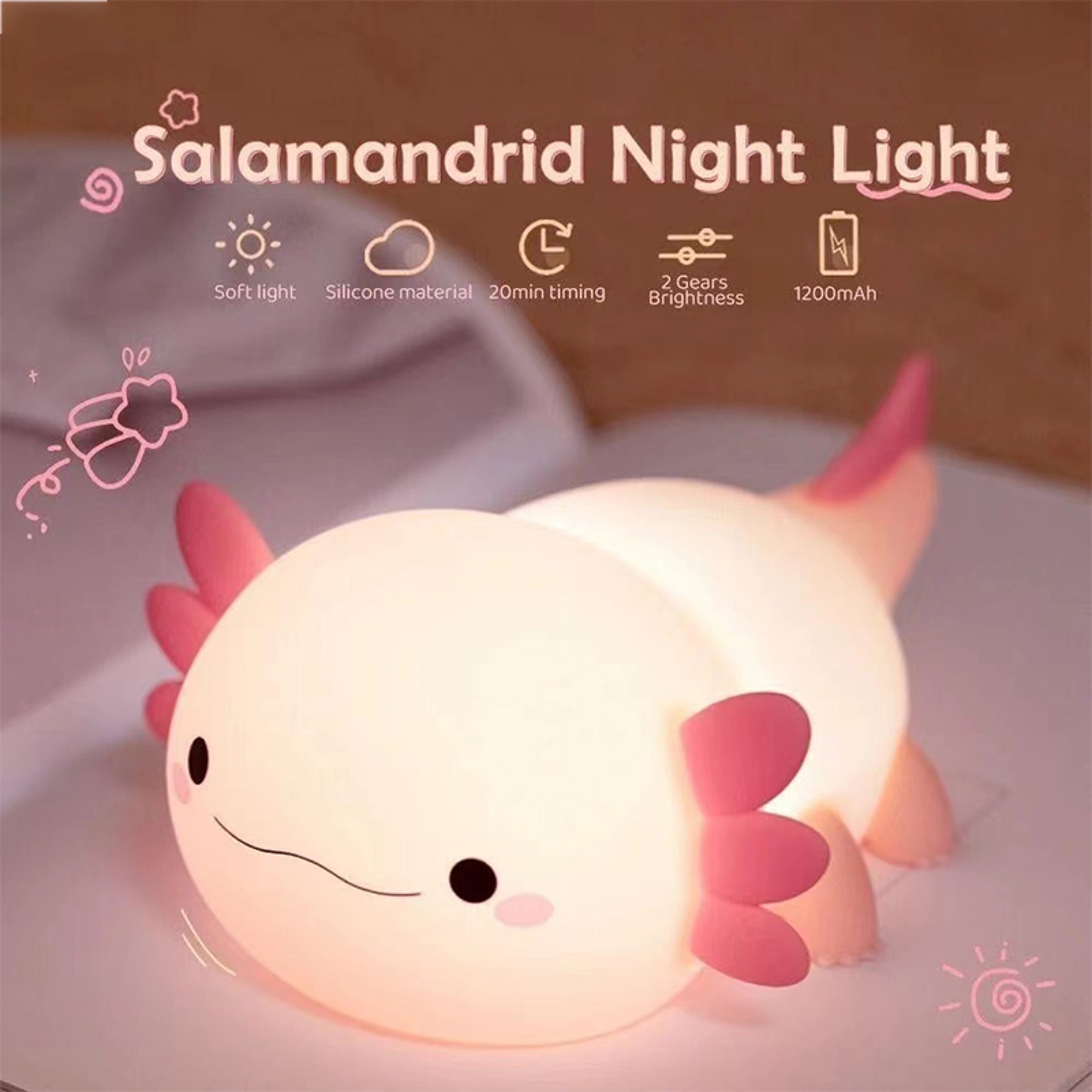 USB Rechargeable Axolotl Night Light, Cute Silicone Nursery Lamp, Touch Control Sleeping Light for Kids, Baby – view 1
