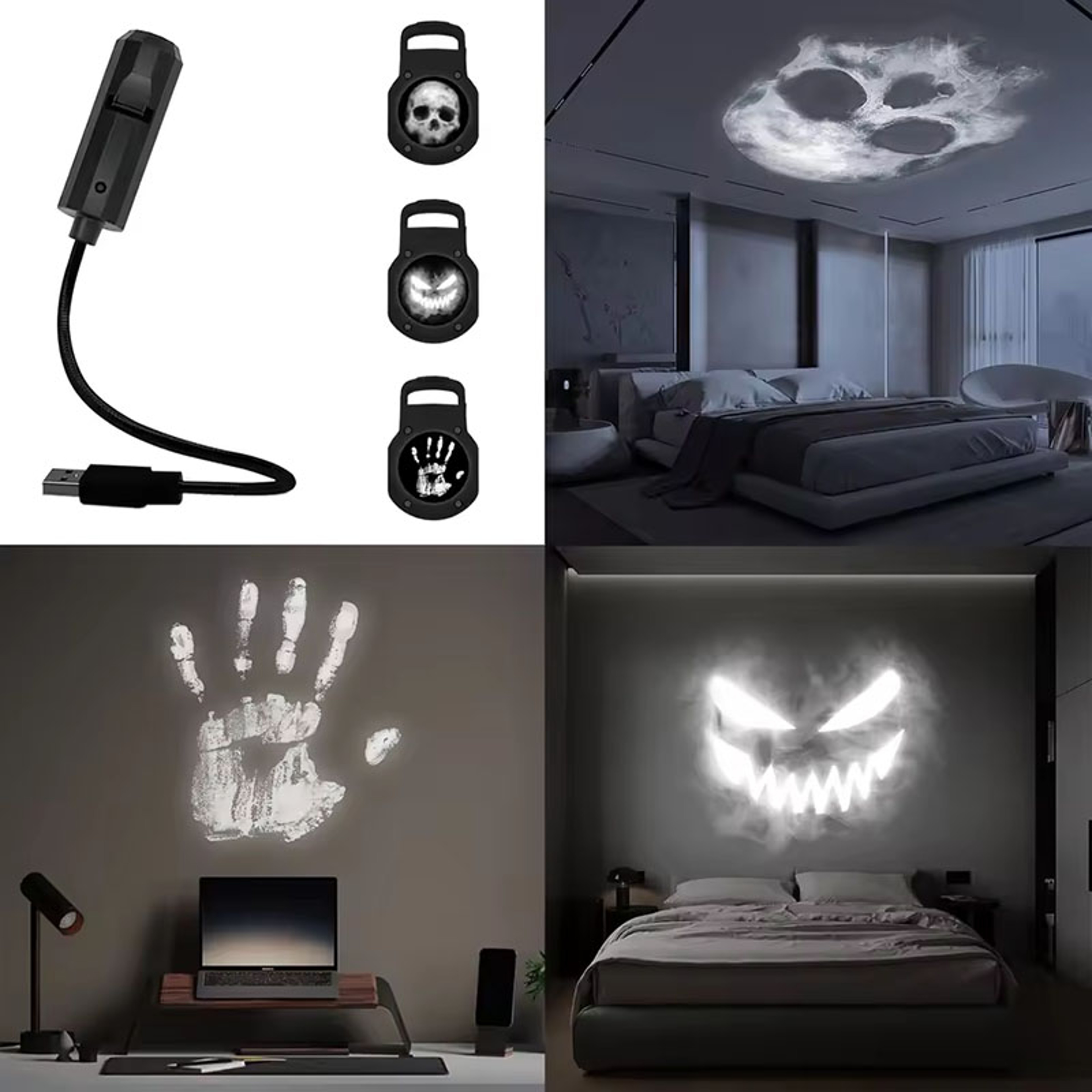 Halloween Skull Projector Lamp, LED Night Light, Rotatable Wall and Ceiling Decor, 3 Scenic Modes, USB Powered for Dark – view 6