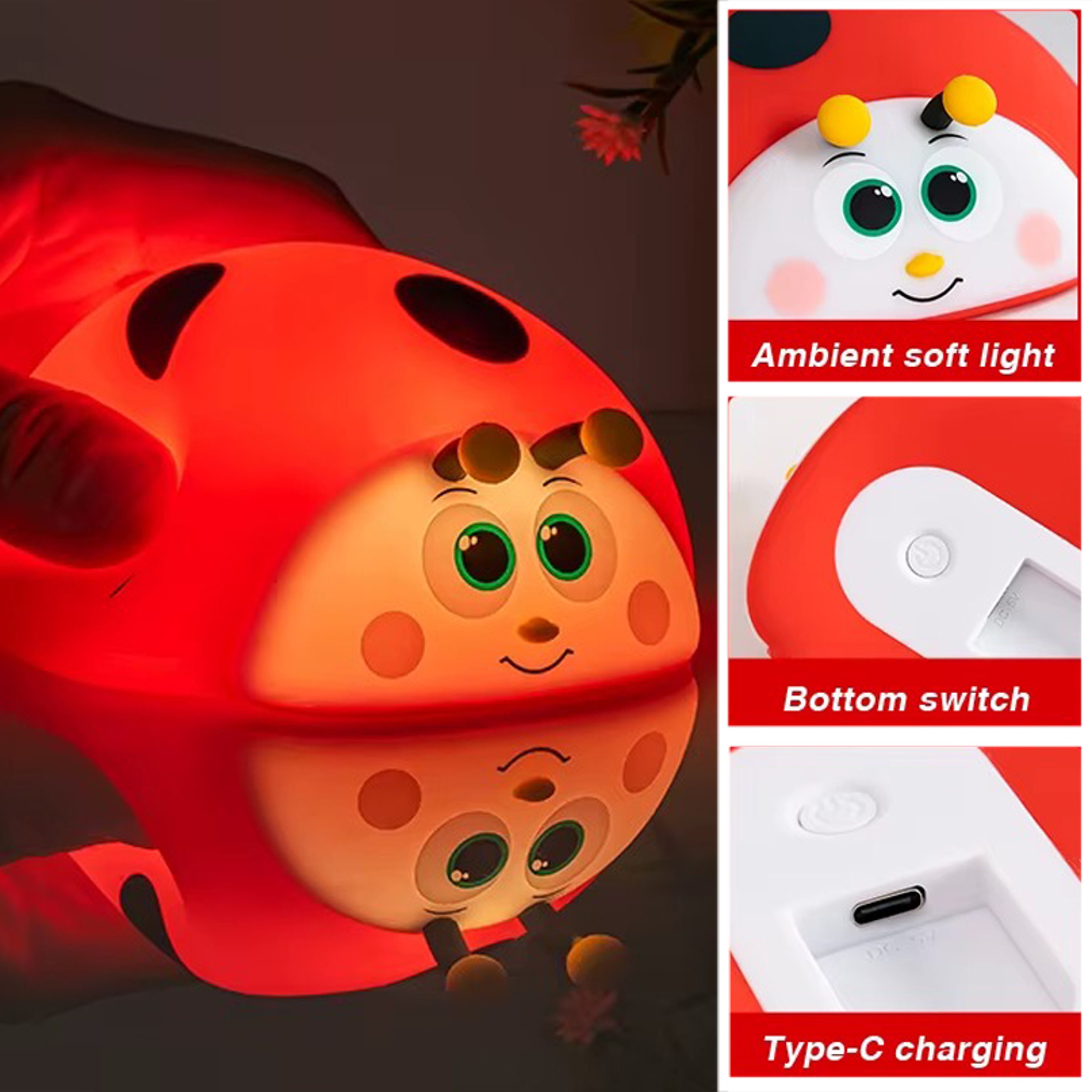Ladybug Red RGB LED Night Light Cute Cartoon Animals Silicone Lamp Touch Sensor Timing USB Rechargeable for Children Kid – view 3
