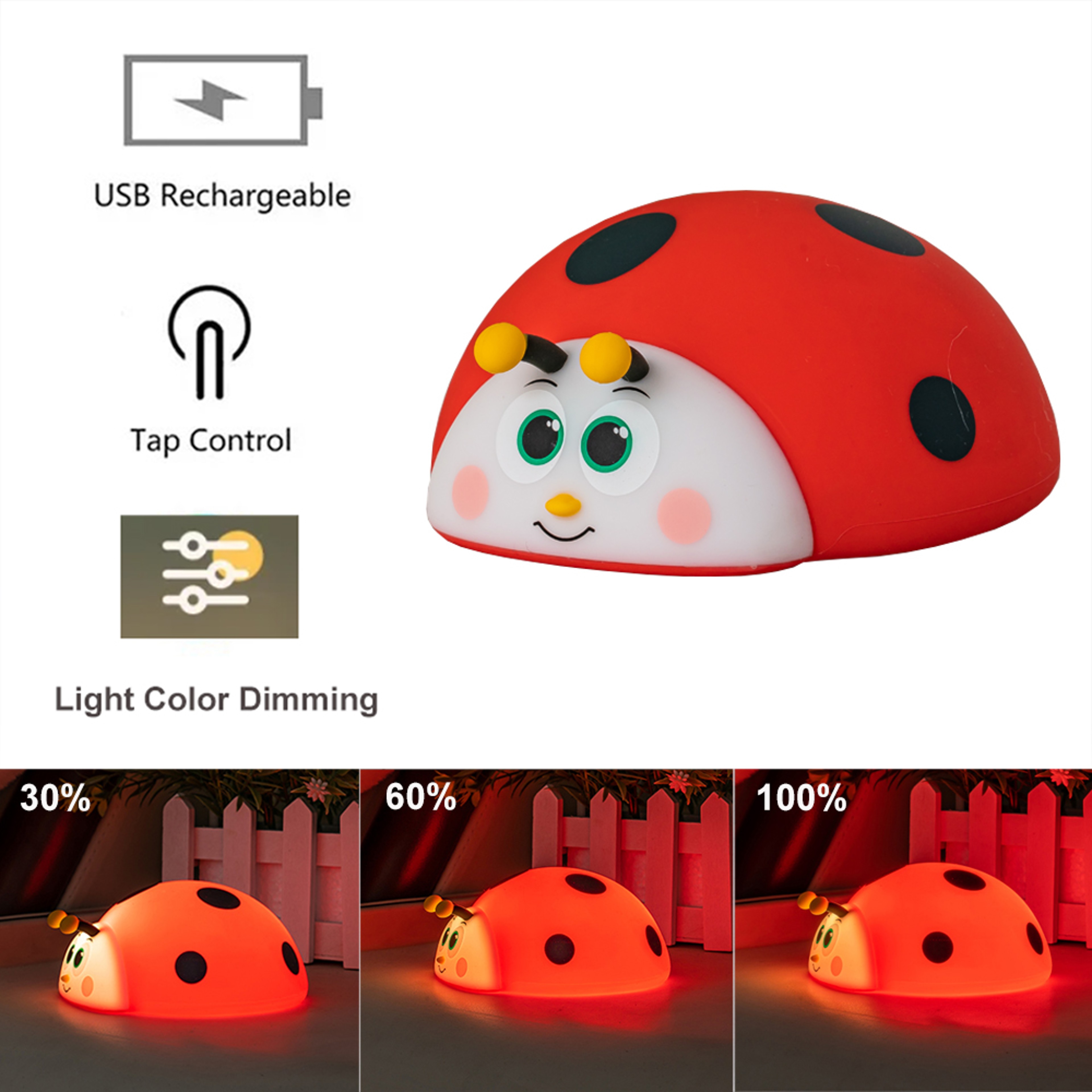 Ladybug Red RGB LED Night Light Cute Cartoon Animals Silicone Lamp Touch Sensor Timing USB Rechargeable for Children Kid – view 7