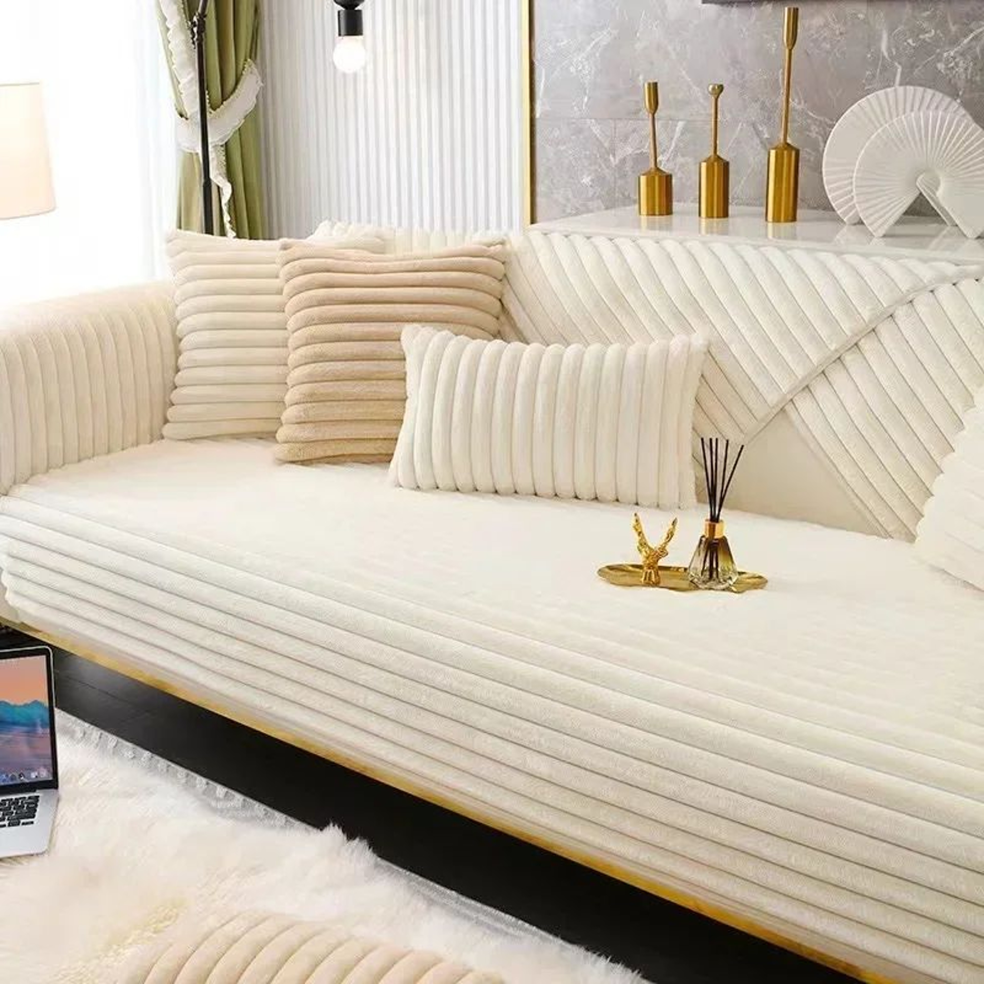 Super Soft Rabbit Plush Quilted Sofa Cover Winter Warm Thick Couch Cover L Shaped Sectional Anti Sl 7