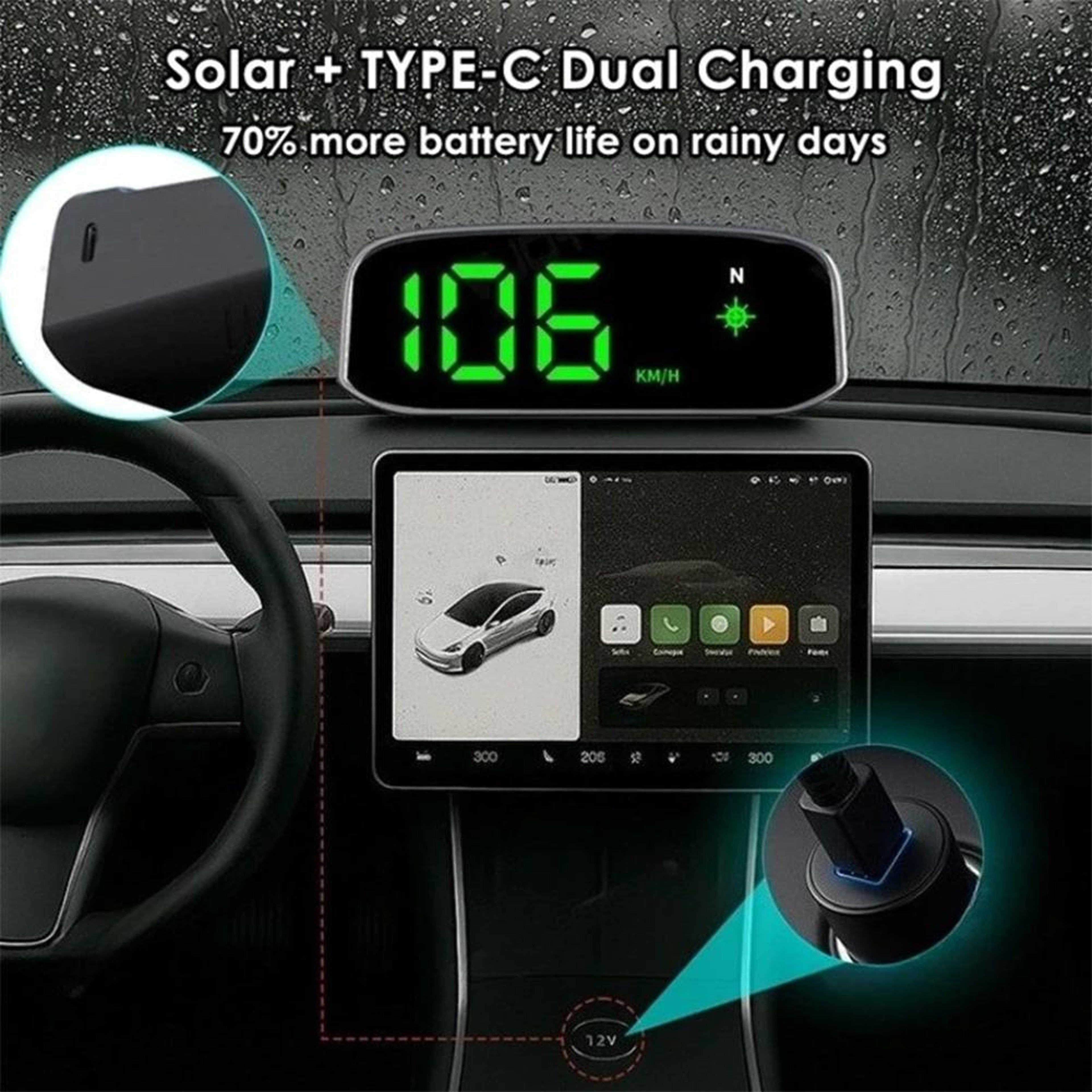 Universal Solar Car Speedometer, Real Time GPS Display, Digital HUD Car Accessory, Smart Solar Powered Display – view 6
