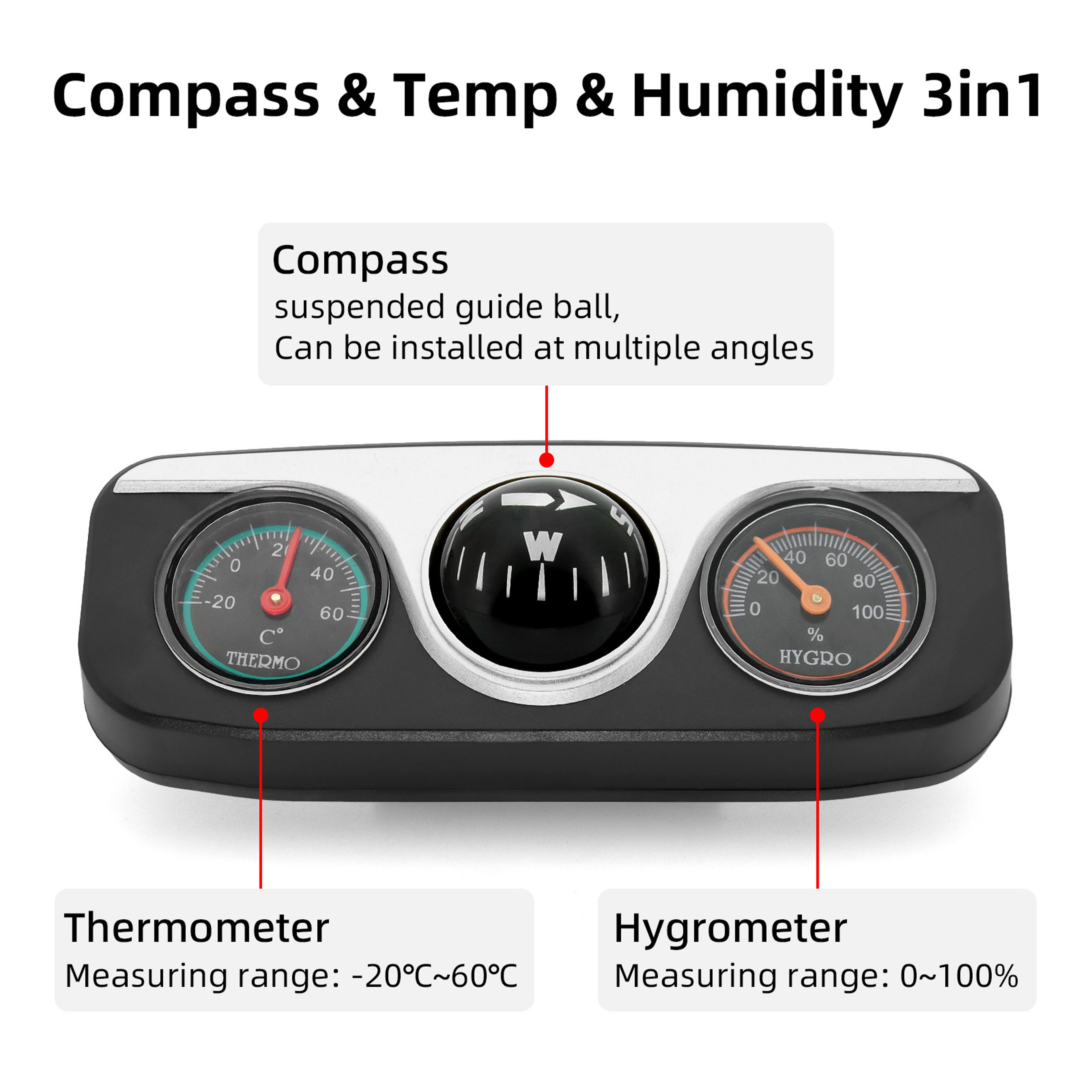 Car Compass, Thermometer Hygrometer, Ornaments Decoration for Auto Boat Vehicles Interior – view 3