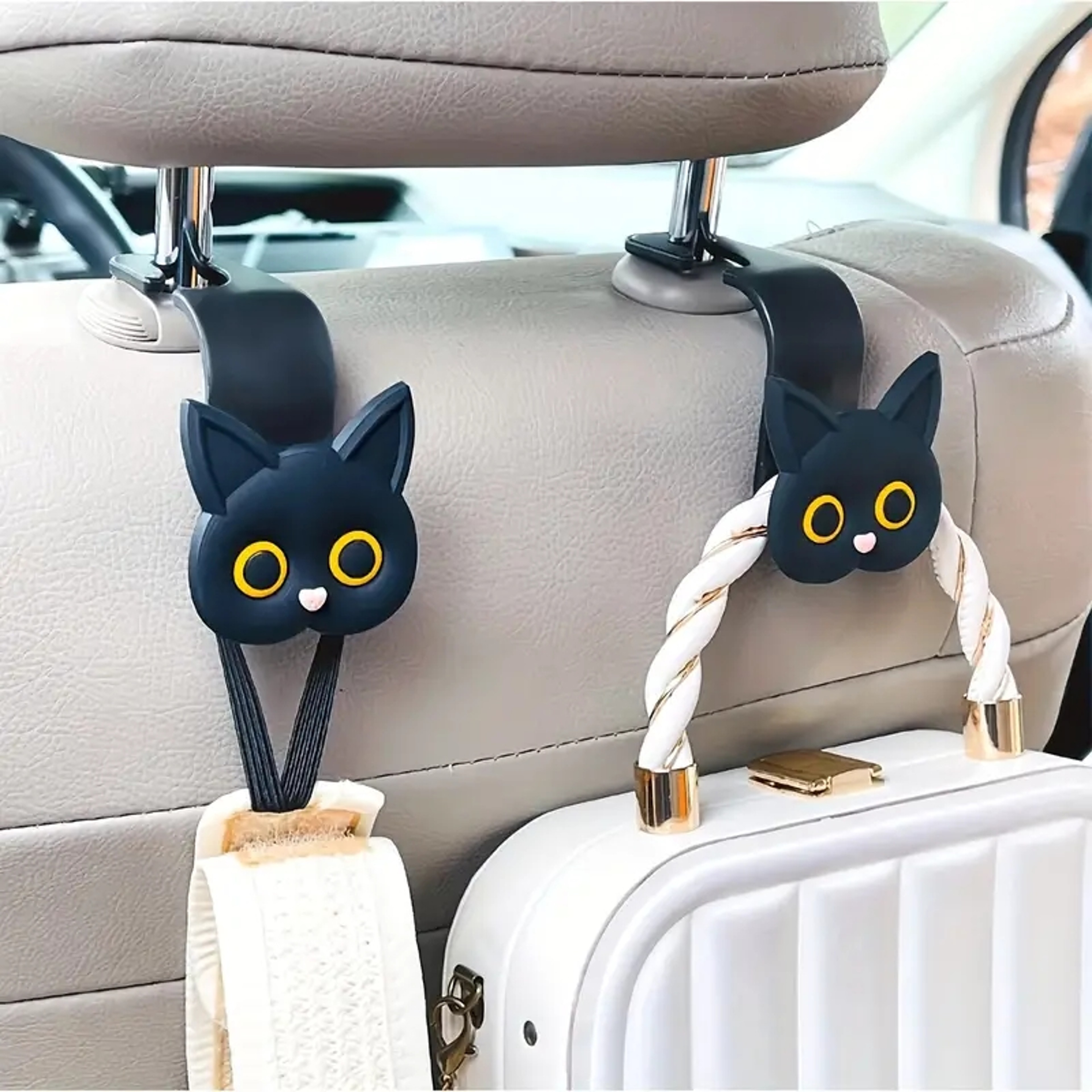 3D Cartoon Cat Car Seat Headrest Hooks, Cute Universal Car Organizer for Bags, Purses, Coats – view 1