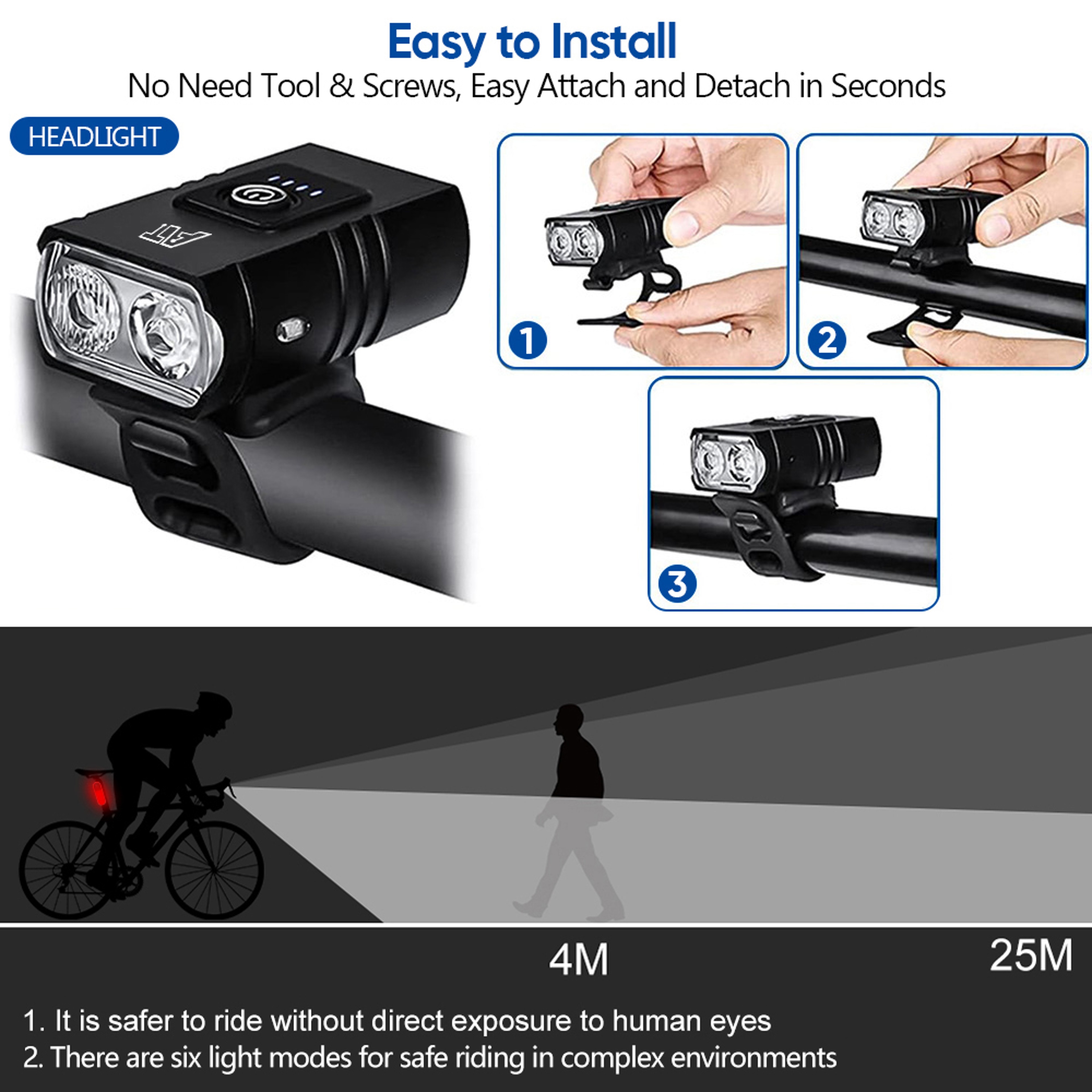 Rechargeable Bike Headlight LED Bicycle Front Lamp Type C Waterproof Flashlight For Night Riding Ou 4