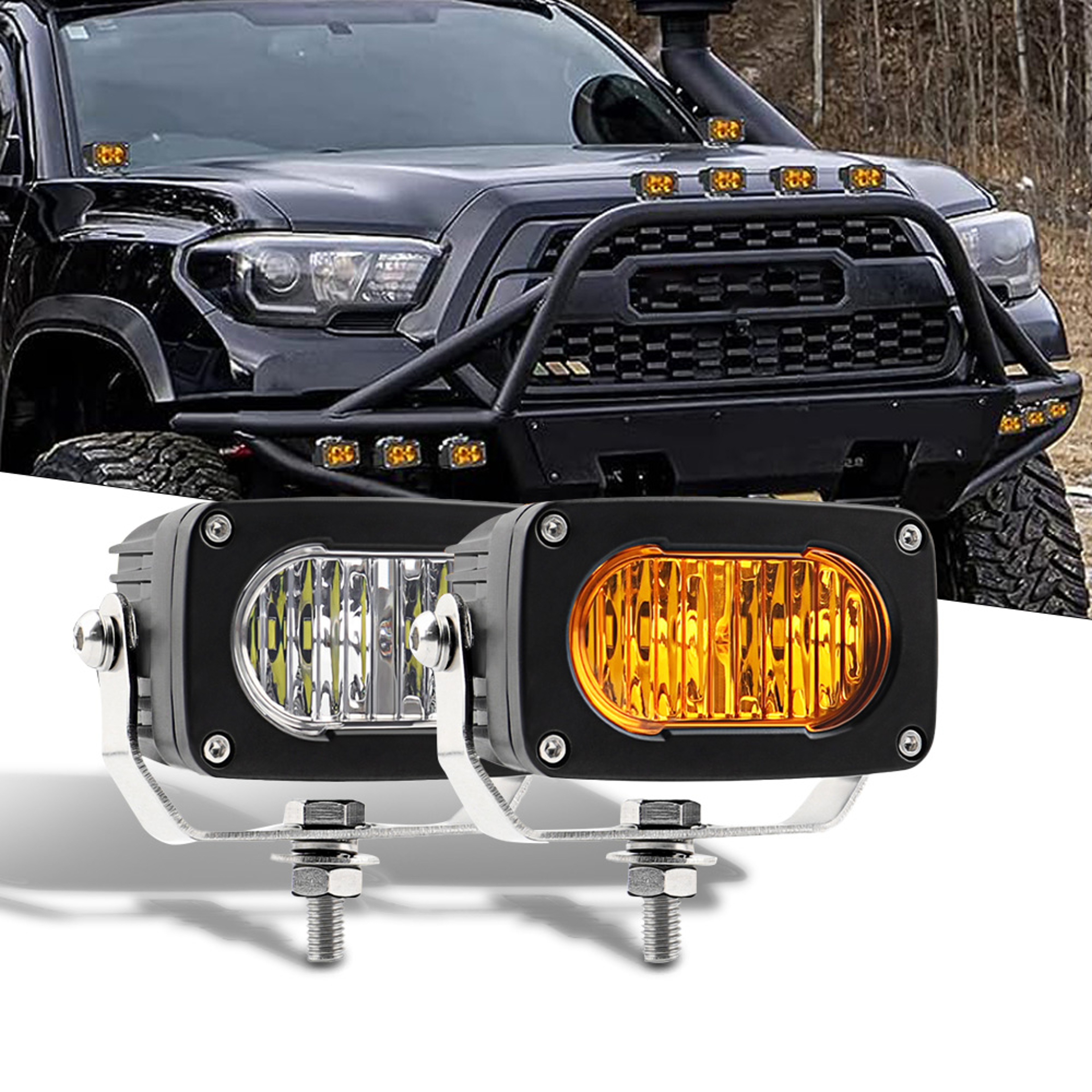 Amber LED Pods Lights, Yellow Driving Foglight Spot Beam for Truck, Motorcycle, ATV, UTV, SUV, Boat, Tractor – view 1